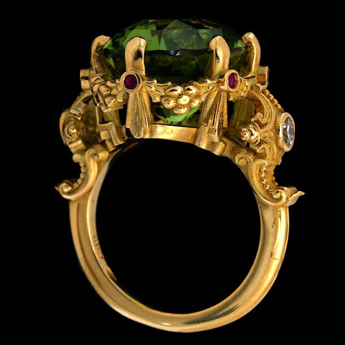 21ct Green Tourmaline, Rubies, Diamonds, & 18k Yellow Gold Antique Style Ring For Sale 5