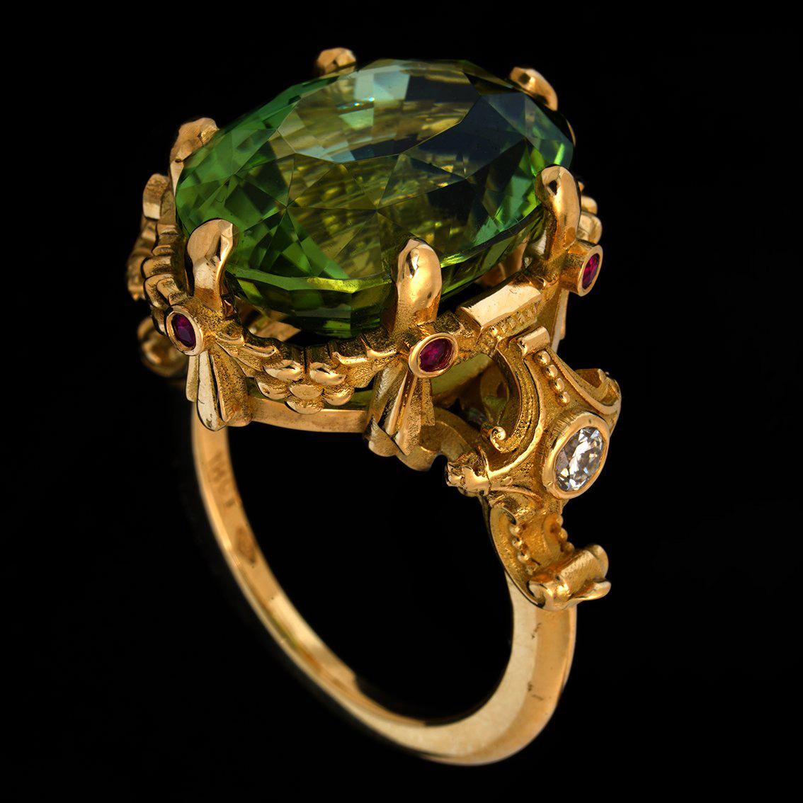 21ct Green Tourmaline, Rubies, Diamonds, & 18k Yellow Gold Antique Style Ring For Sale 6