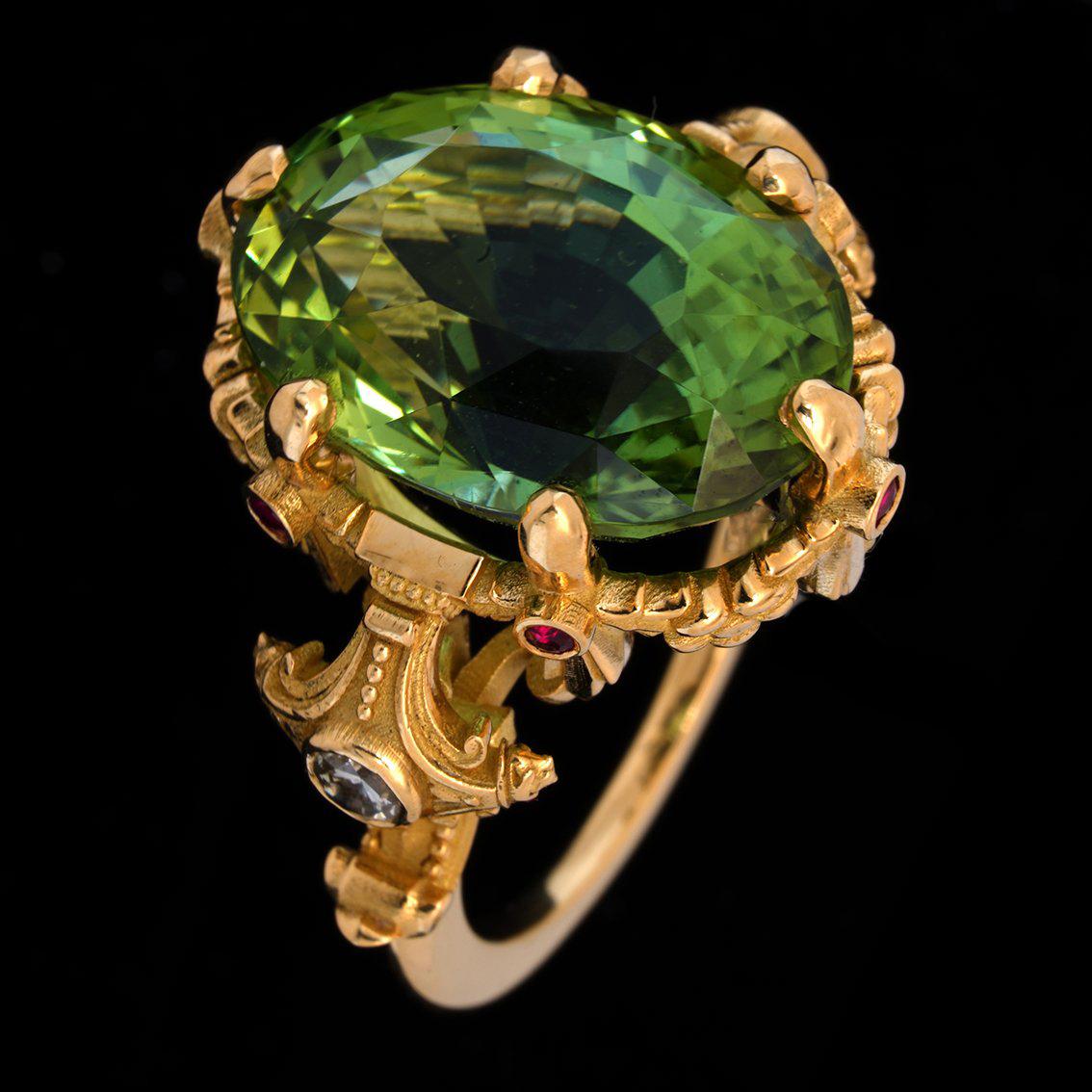 21ct Green Tourmaline, Rubies, Diamonds, & 18k Yellow Gold Antique Style Ring For Sale 7
