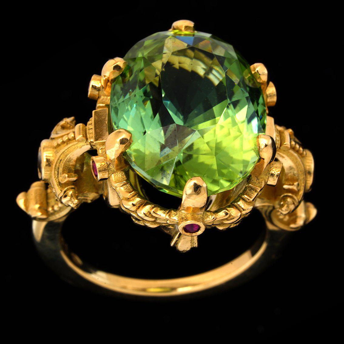 21ct Green Tourmaline, Rubies, Diamonds, & 18k Yellow Gold Antique Style Ring For Sale 8