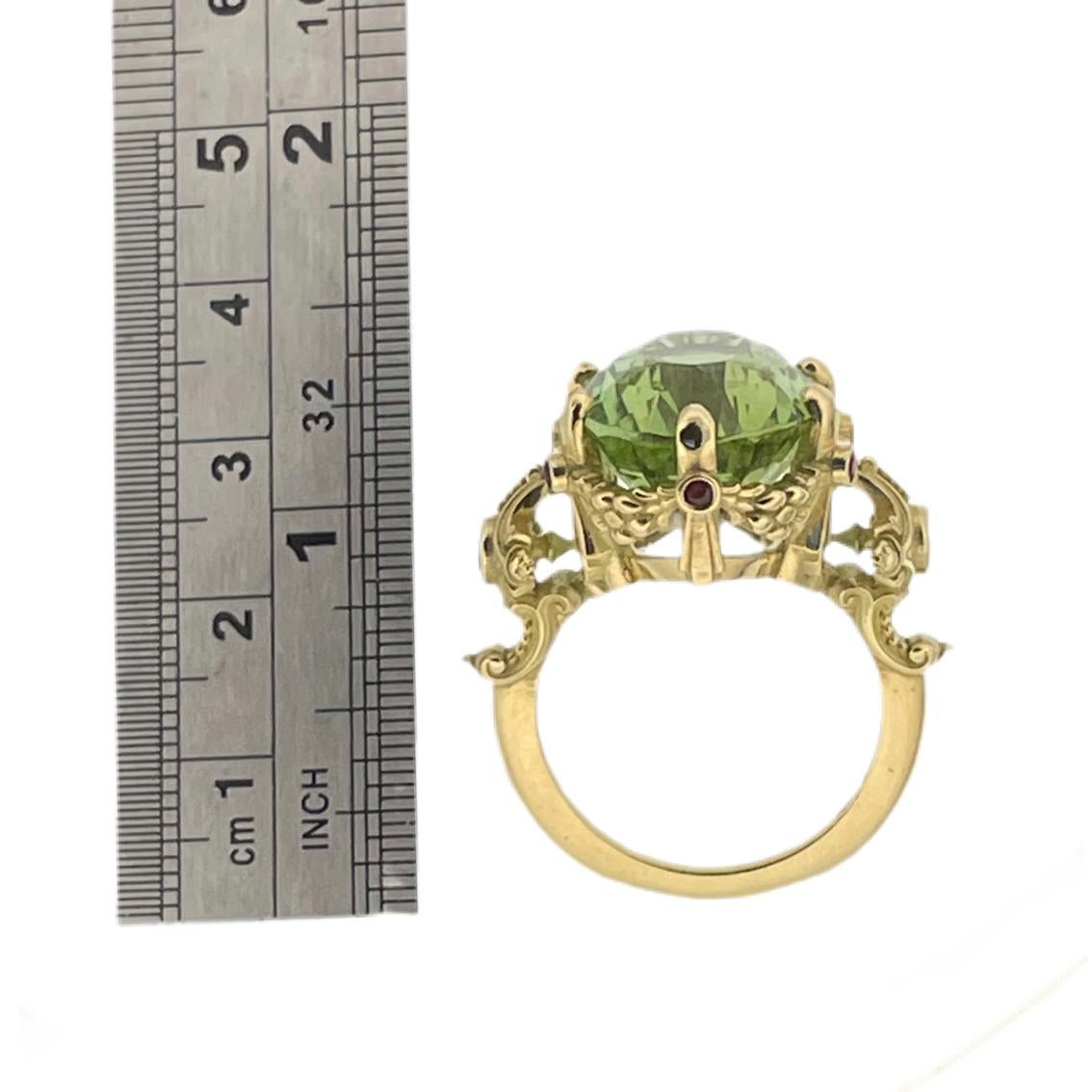 21ct Green Tourmaline, Rubies, Diamonds, & 18k Yellow Gold Antique Style Ring For Sale 9