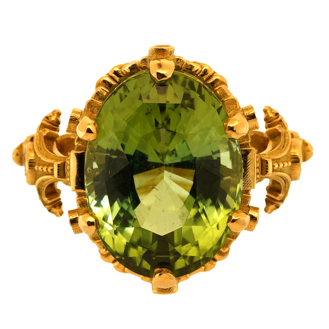 CHRONOS RING

To whom does Chronos, Greek god and father of time pass his mantle?

Exquisitely handcrafted in 18kt yellow gold this enchanting renaissance inspired ring features a vivid green tourmaline aloft a signature William Llewellyn Griffiths