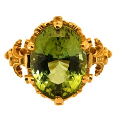 21ct Green Tourmaline, Rubies, Diamonds, & 18k Yellow Gold Antique Style Ring