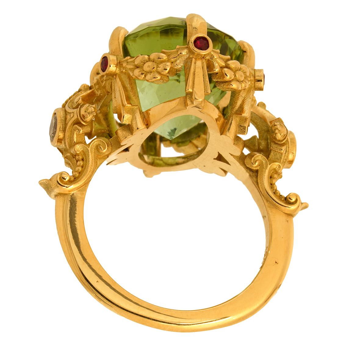 Victorian 21ct Green Tourmaline, Rubies, Diamonds, & 18k Yellow Gold Antique Style Ring For Sale
