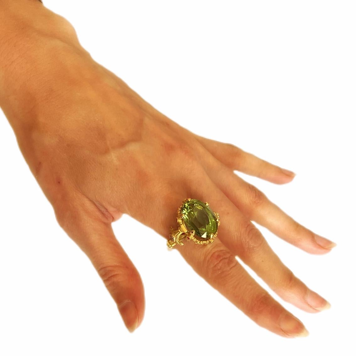 Cushion Cut 21ct Green Tourmaline, Rubies, Diamonds, & 18k Yellow Gold Antique Style Ring For Sale