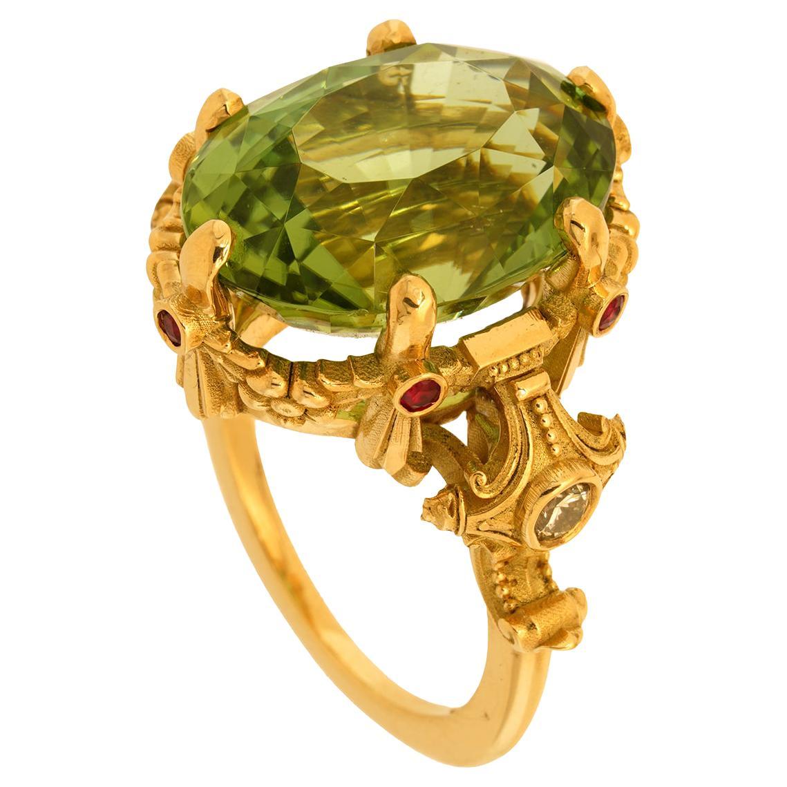 21ct Green Tourmaline, Rubies, Diamonds, & 18k Yellow Gold Antique Style Ring For Sale