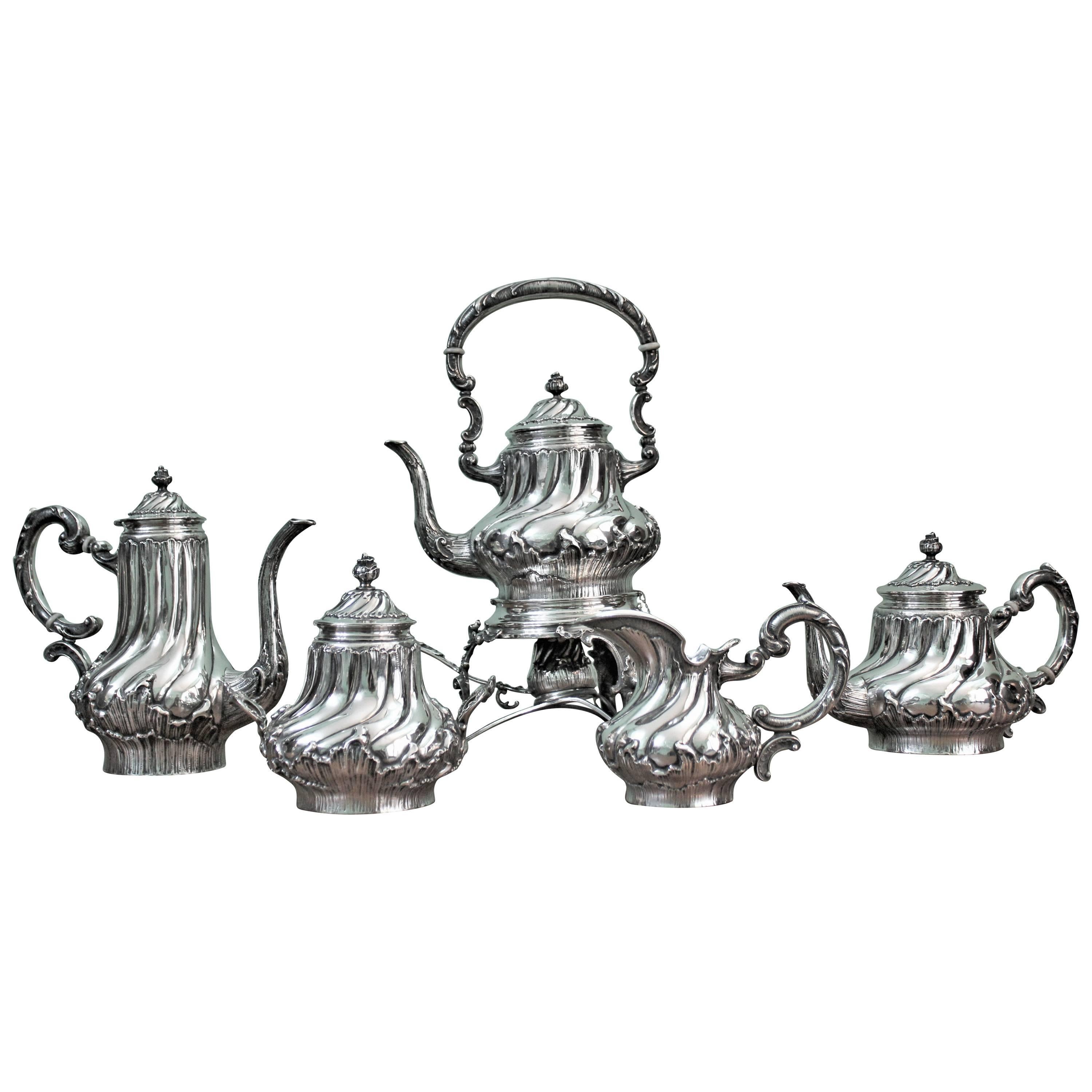 Mantovani 19th Century Silver Rococo Italian Tea Set with Samovar, 1880s For Sale