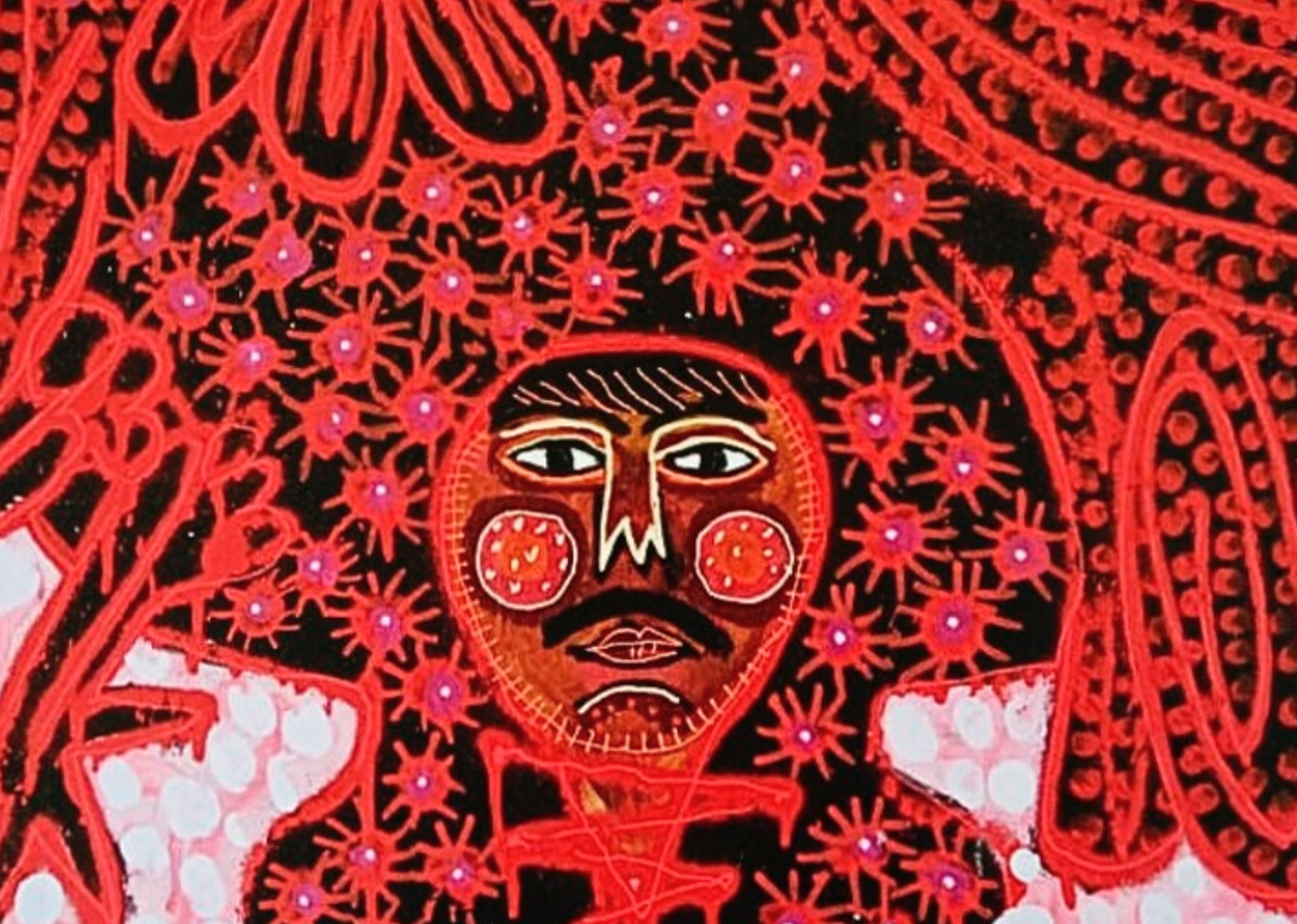 Bestes Hahnenkostüm, Zeitgenössische Kunst, Abstrakte Malerei, 21. Jahrhundert (Rot), Abstract Painting, von Manu Jorquera