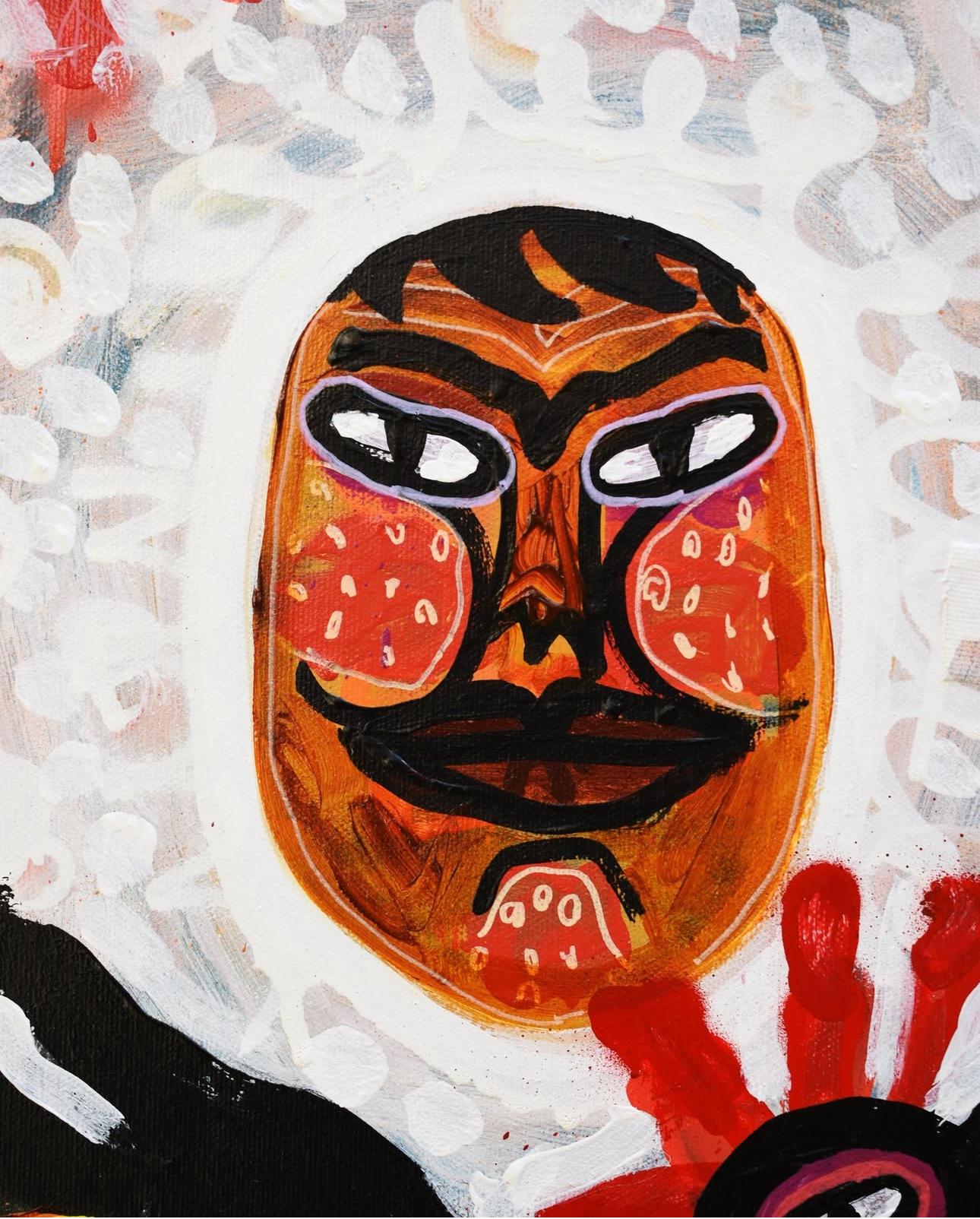 Mann als Hahn verkleidet, Zeitgenössische Kunst, Abstrakte Malerei, 21. Jahrhundert – Painting von Manu Jorquera