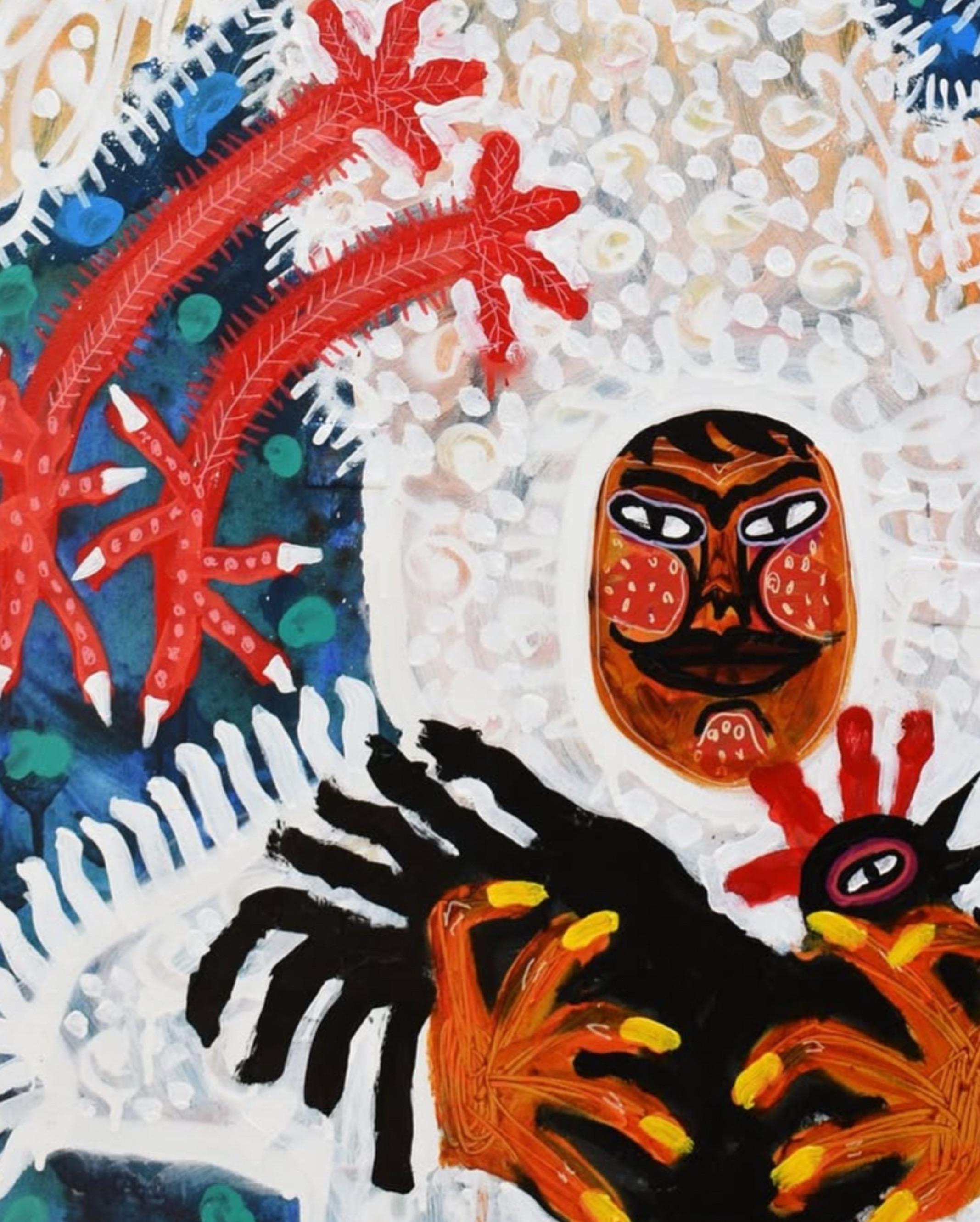 Mann als Hahn verkleidet, Zeitgenössische Kunst, Abstrakte Malerei, 21. Jahrhundert (Grau), Abstract Painting, von Manu Jorquera