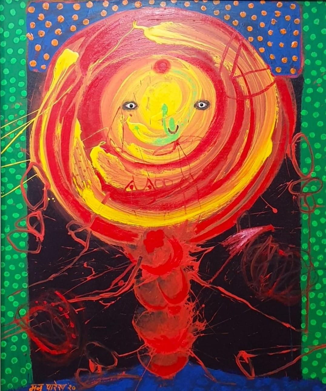 Acrylique sans titre, panneau de toile, rouge, jaune, vert, de Manu Parekh - En stock