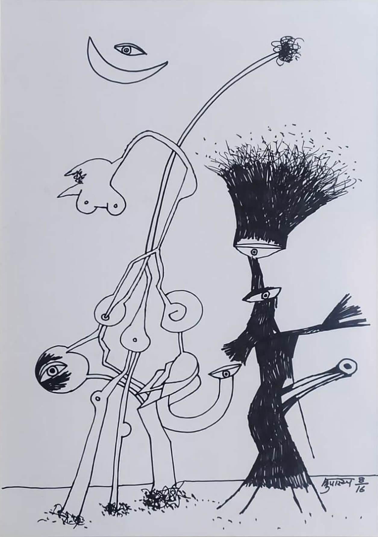 Untitled, Figurative, Ink on Paper by Modern Indian Manu Parekh "In Stock"