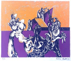 L'artiste indien Manu Parekh - Lithographie moderne en couleur orange et violette en édition limitée