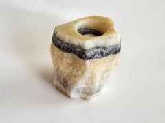 Manually Carved Layered Onyx Candle Holder with Natural Colored Diagonal Stripe