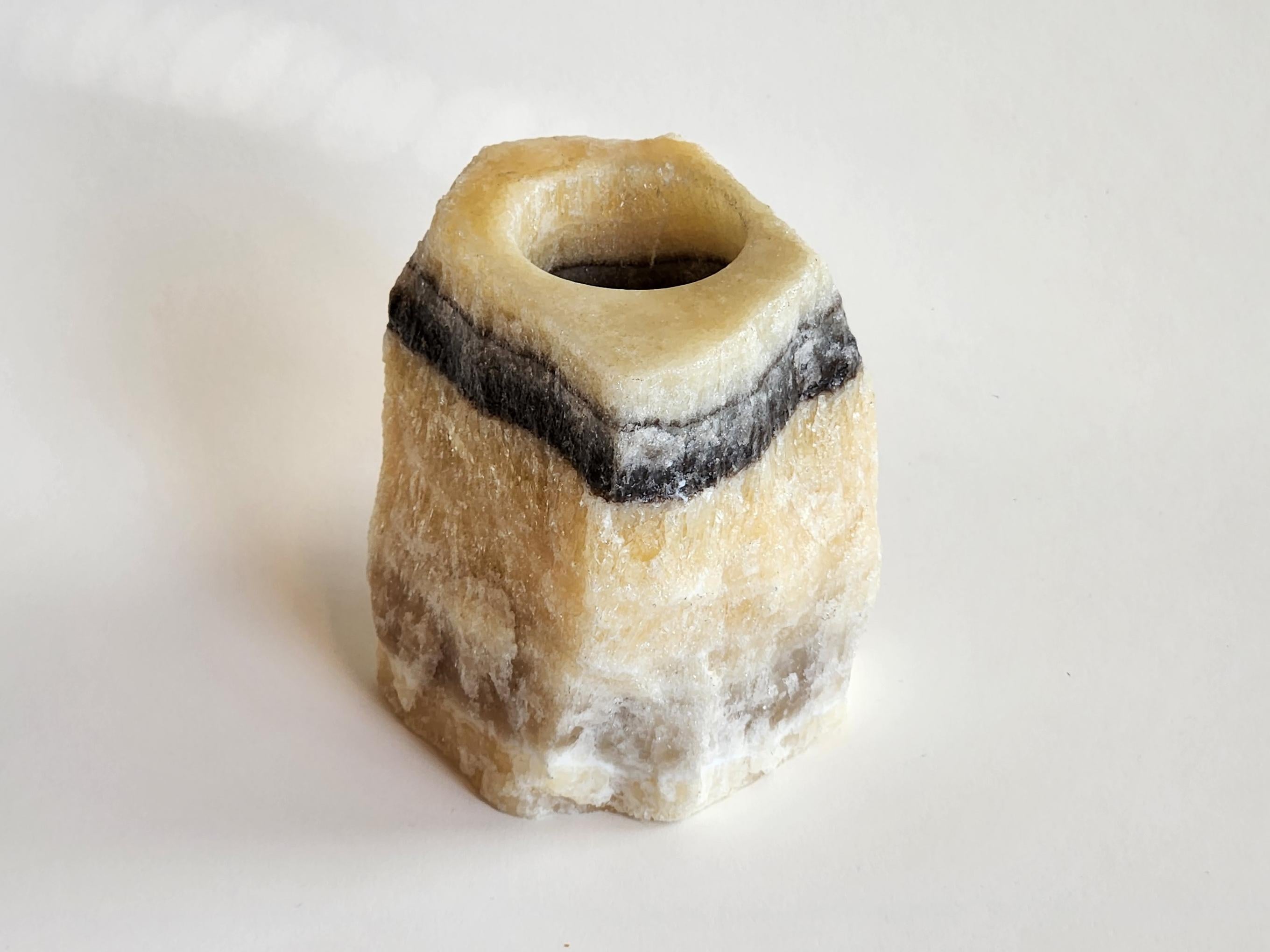 Modern Manually Carved Layered Onyx Candle Holder with Natural Colored Diagonal Stripe For Sale