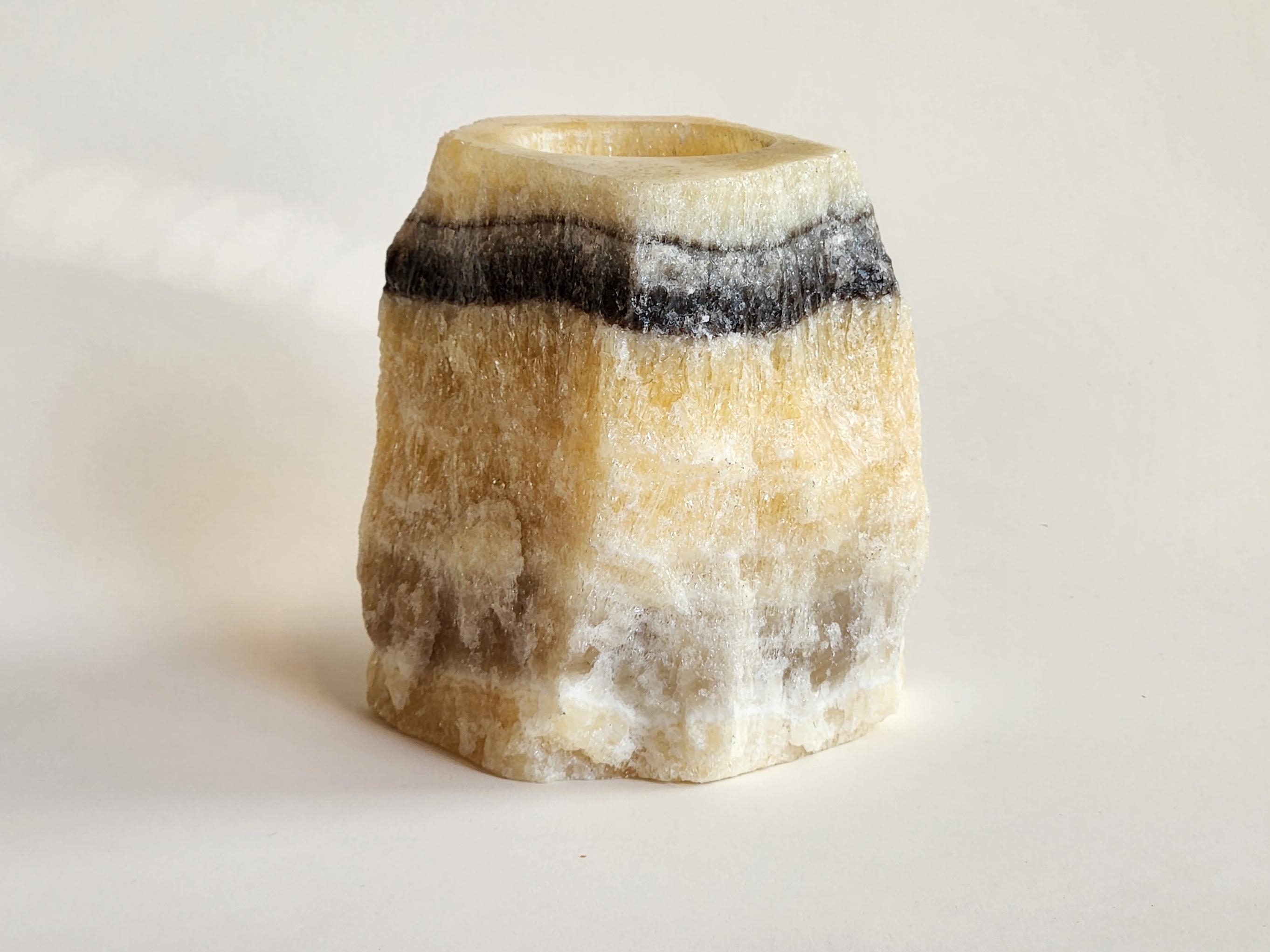 Mexican Manually Carved Layered Onyx Candle Holder with Natural Colored Diagonal Stripe For Sale