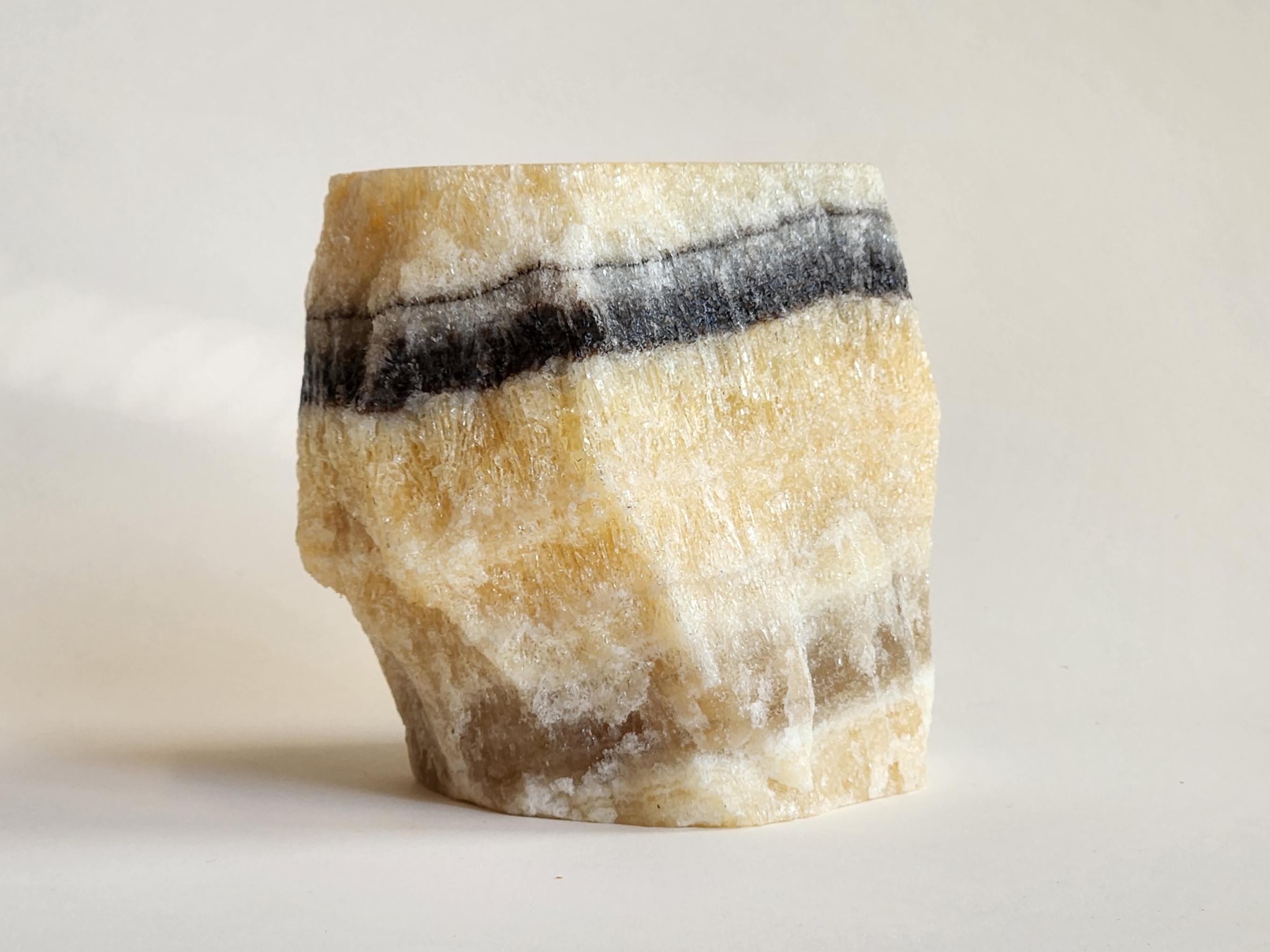 Contemporary Manually Carved Layered Onyx Candle Holder with Natural Colored Diagonal Stripe For Sale