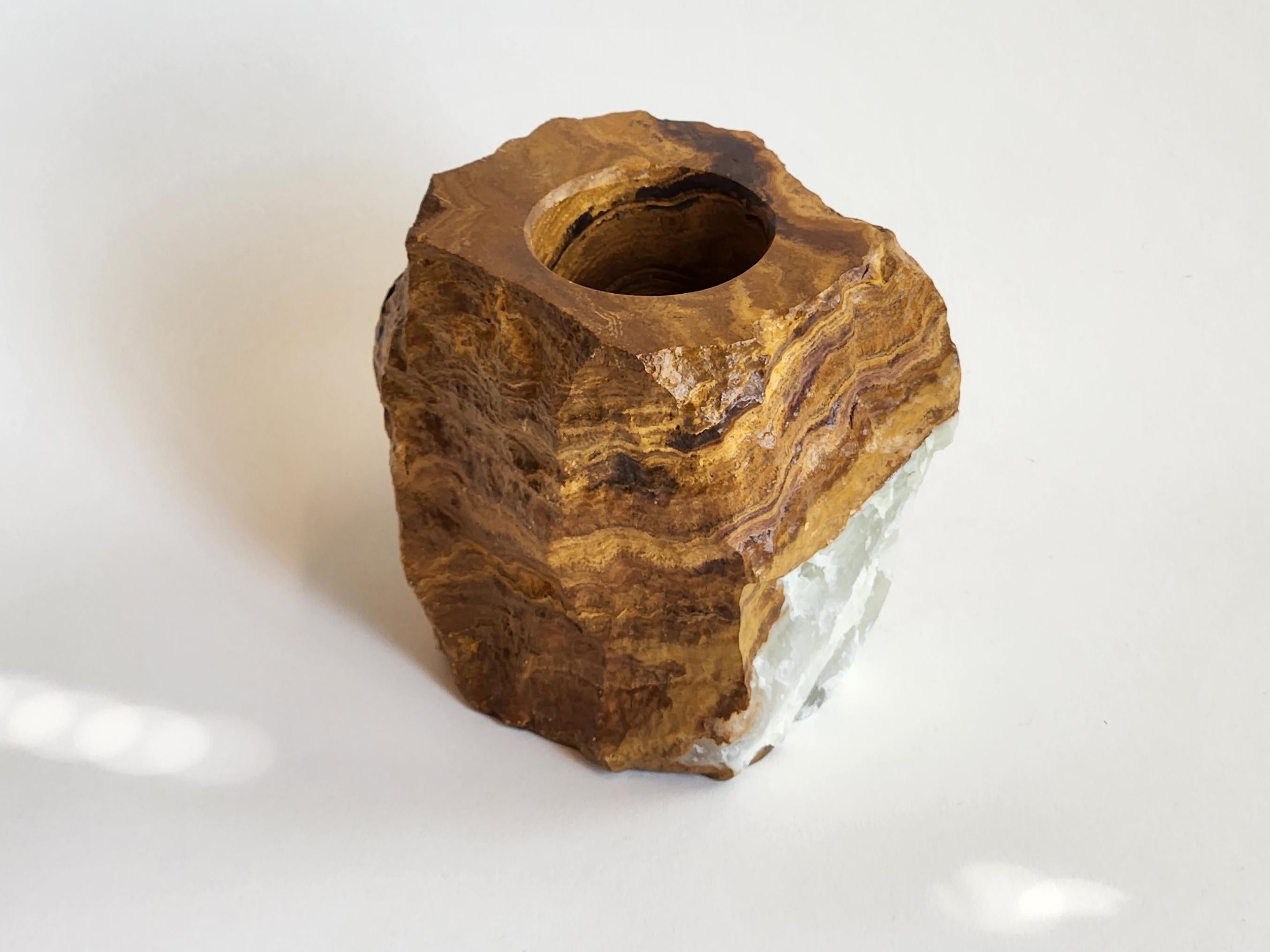 Modern Manually Carved Layered Onyx Candle Holder with Natural Colored Diagonal Stripes