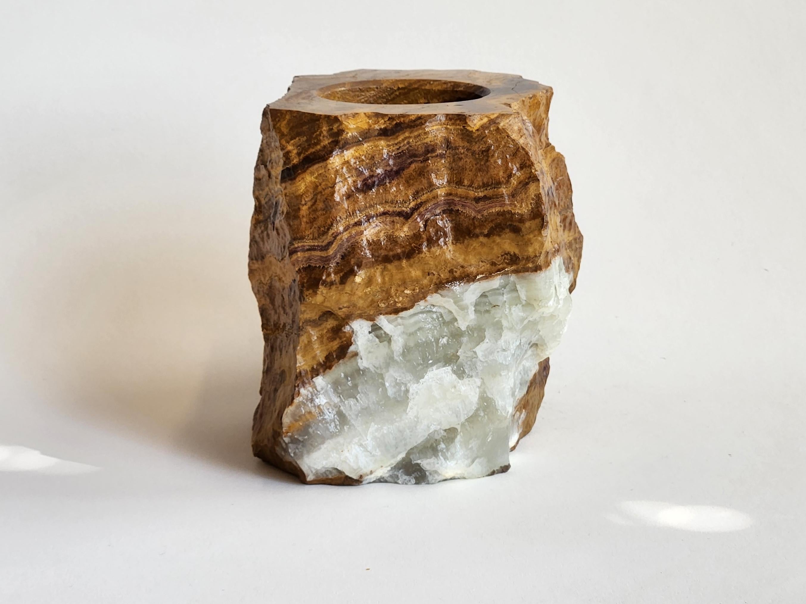 Manually Carved Layered Onyx Candle Holder with Natural Colored Diagonal Stripes 2