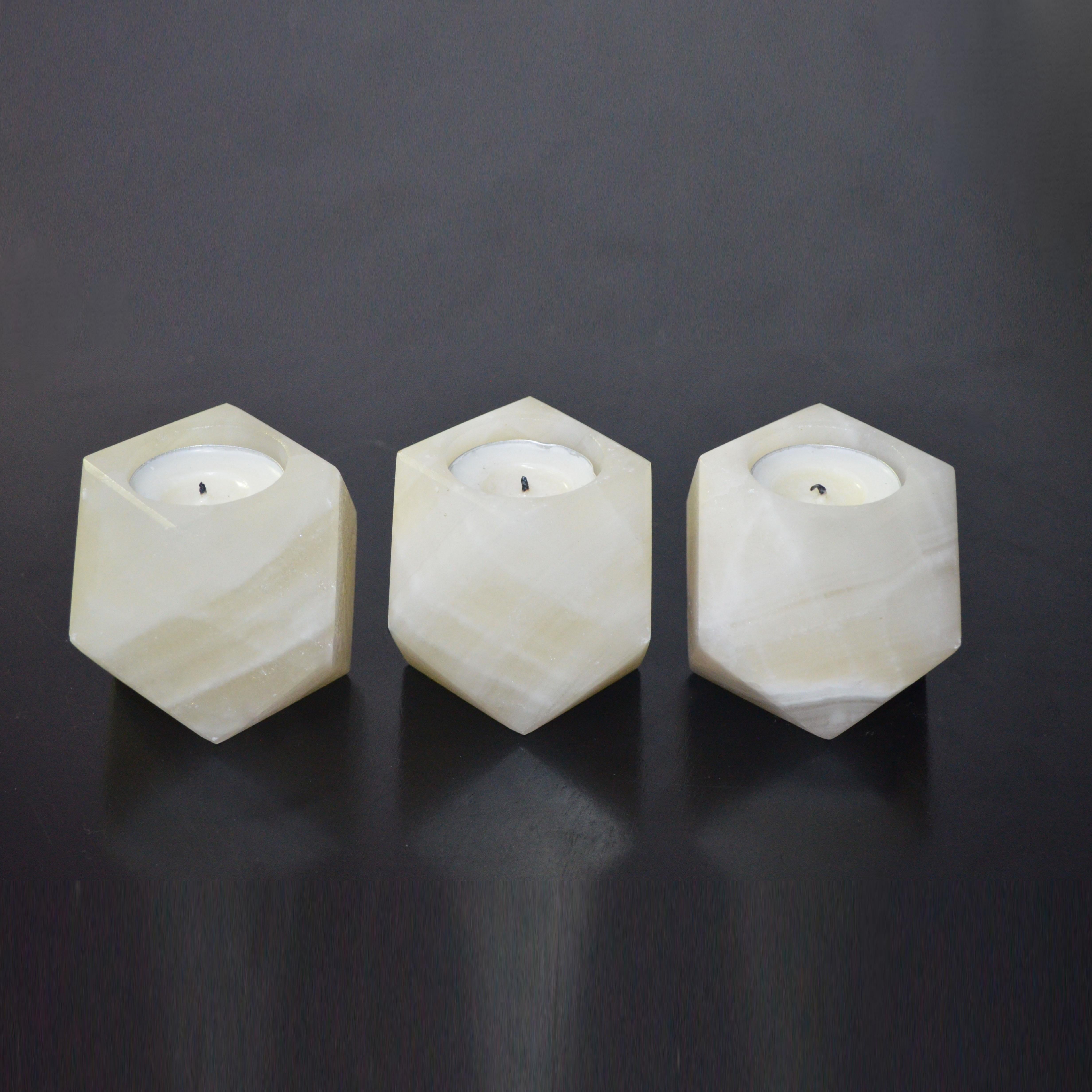 Modern Manually Carved Multi Faced White Onyx Candle Holder For Sale