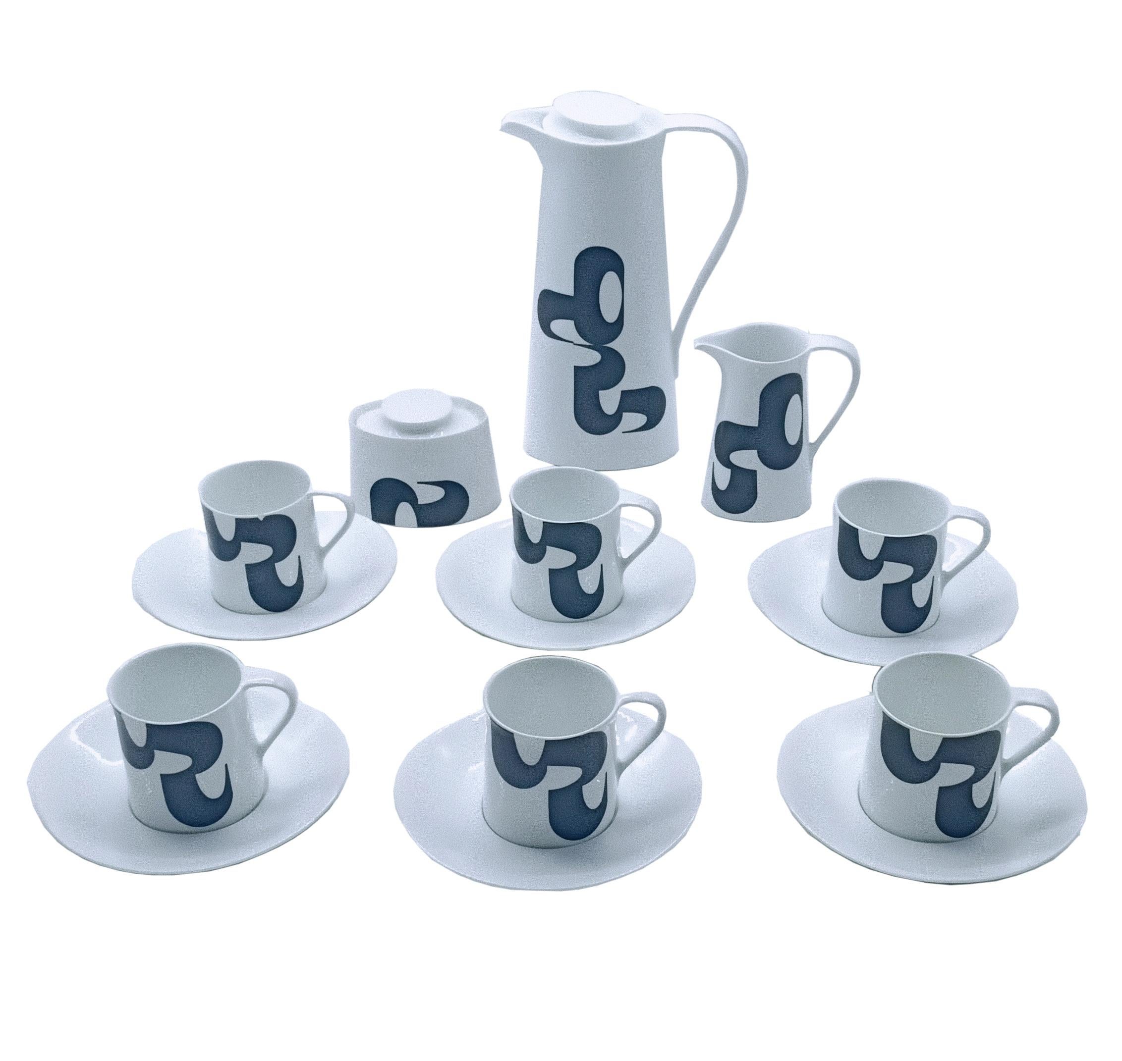 Set of Bidasoa porcelain plates, cups, sugar and jugs painted by  Manuel Barbadillo who decorated this series of Bidasoa's Oval model. This is one of the most visible moments of his career, indicating his interest in bringing design closer to