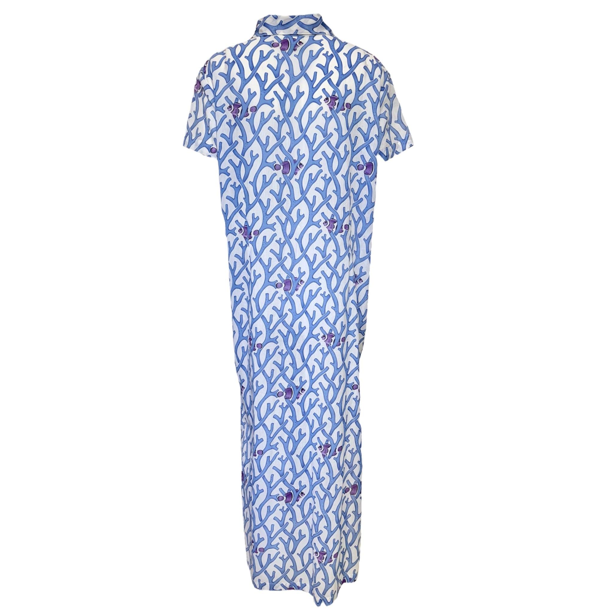 Manuel Canovas Vestido Camisero Estampado Coral Azul Algodón en Excelente estado para la venta en Los Angeles, CA