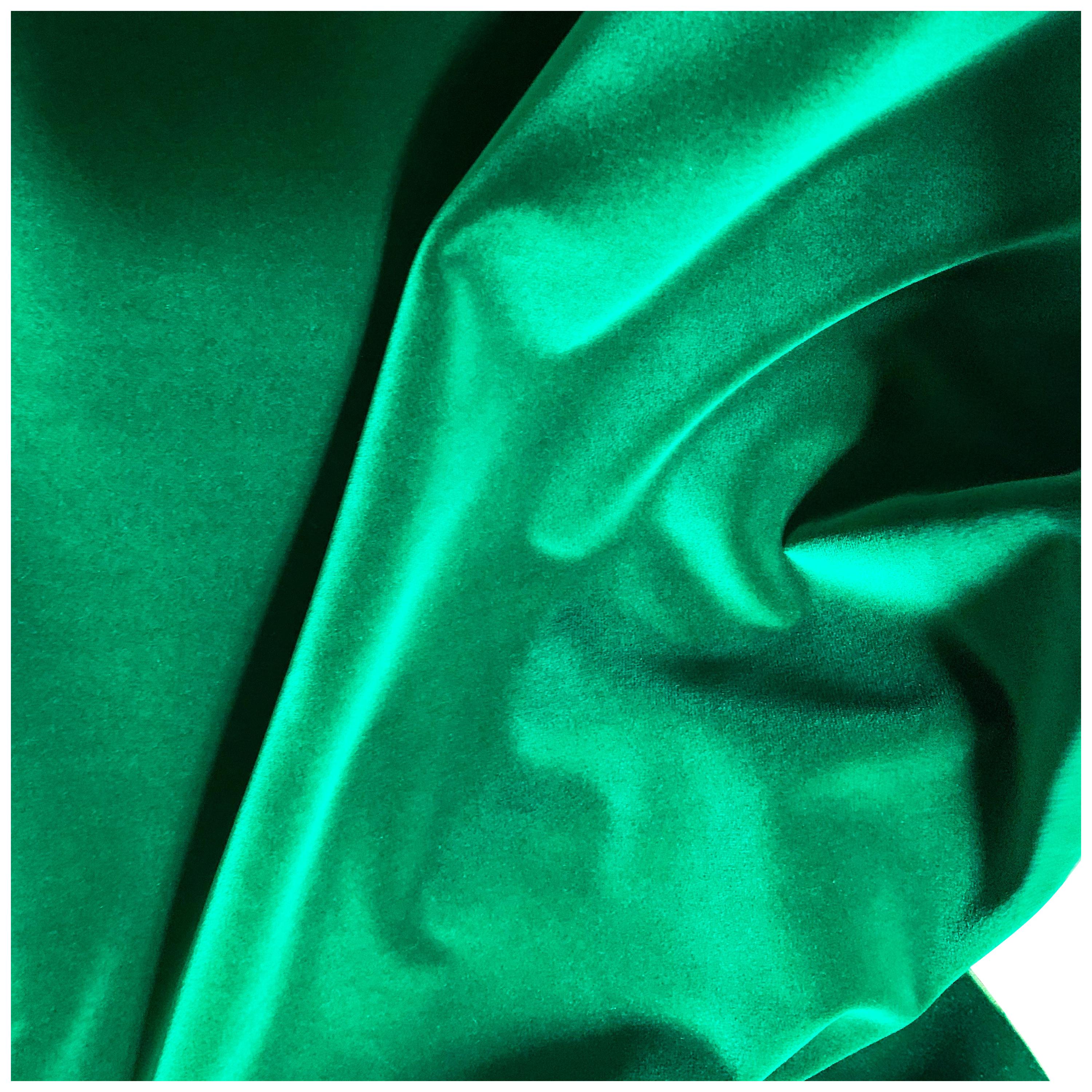 Manuel Canovas Emeraude cotton velvet Rivoli, emerald green, jewel tone textile 6 yards. 52” width. Lovely cotton velvet, gorgeous drape and subtle sheen, fresh color. Pile is 100 percent cotton and backing 93% cotton and 7% modal. Made in Czech