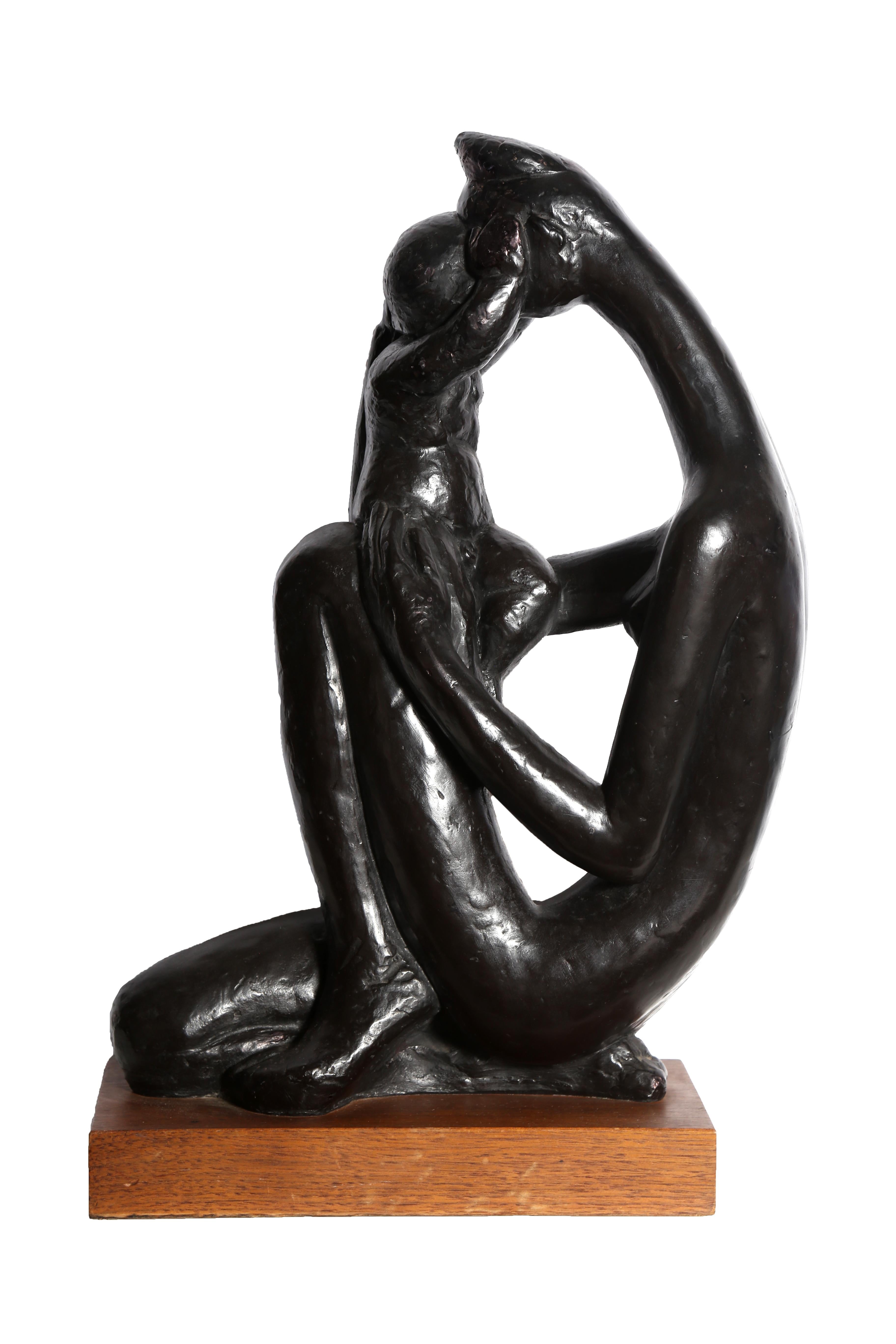 Mother and Child, Abstract Patinaed Resin Sculpture by Manuel Carbonell