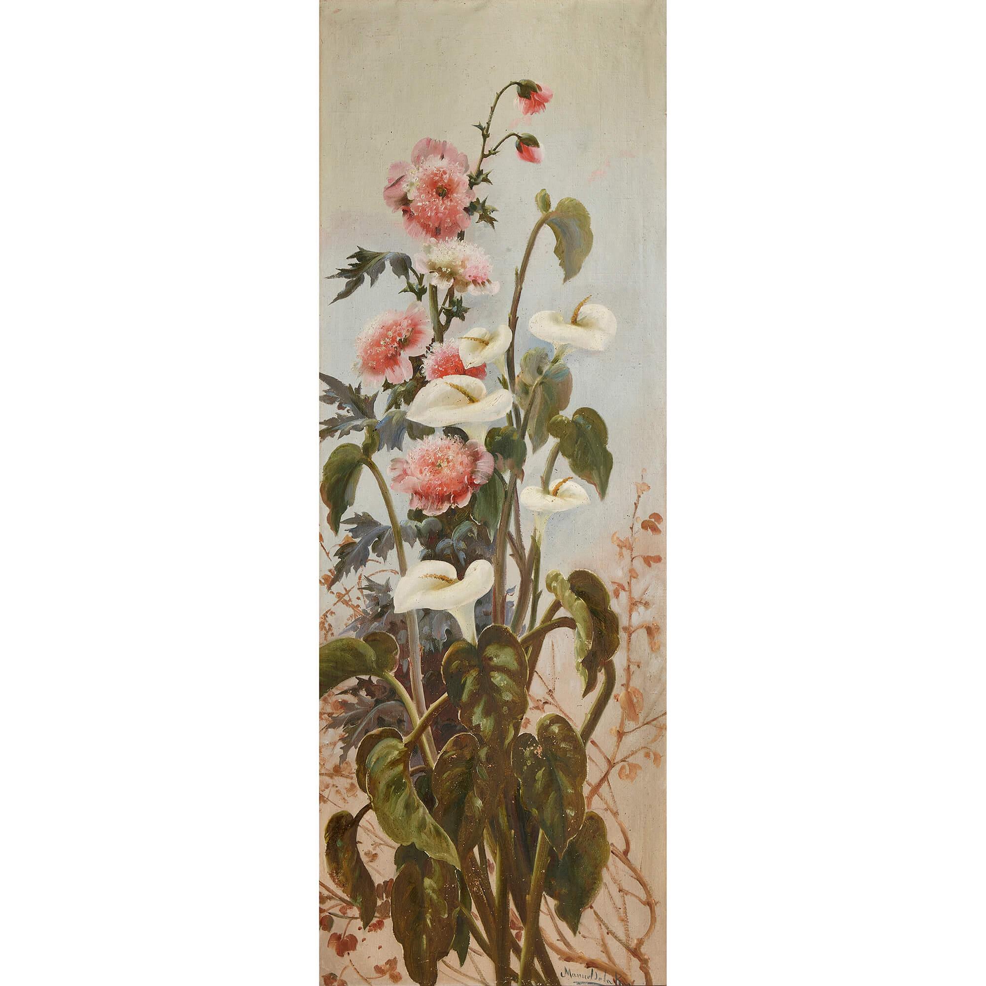 Large Spanish painting of flowers by Manuel de la Rosa
Spanish, Late 19th Century 
Frame: Height 146cm, width 67cm, depth 7cm
Canvas: Height 126cm, width 46cm

Painted by Manuel de la Rosa (Spanish, 1860-1924), this oil on canvas depicts a