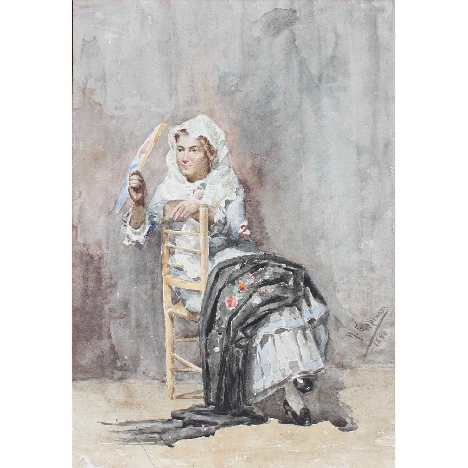 Manuel Espinosa y Carbia (spagnolo, nato nel 1840) Un raffinato acquerello su cartone che raffigura una Maja seduta che indossa abiti tradizionali spagnoli, uno scialle in grembo e un ventaglio in mano, all'interno di un bordo in pergamena e una