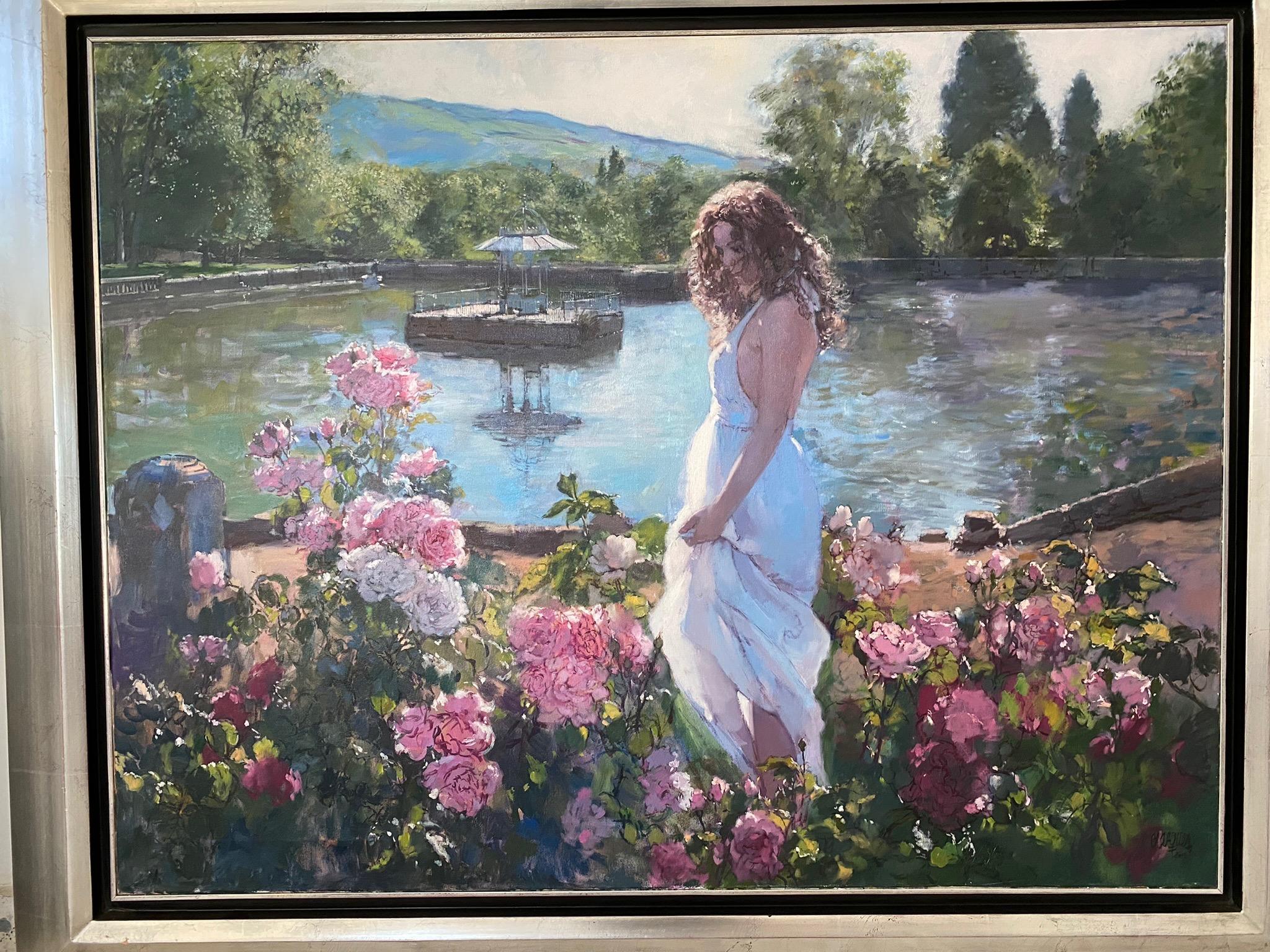 Femme au jardin. Paysage romantique à l'huile bleu avec une belle figure féminine.  - Gris Portrait Painting par Manuel García Blázquez