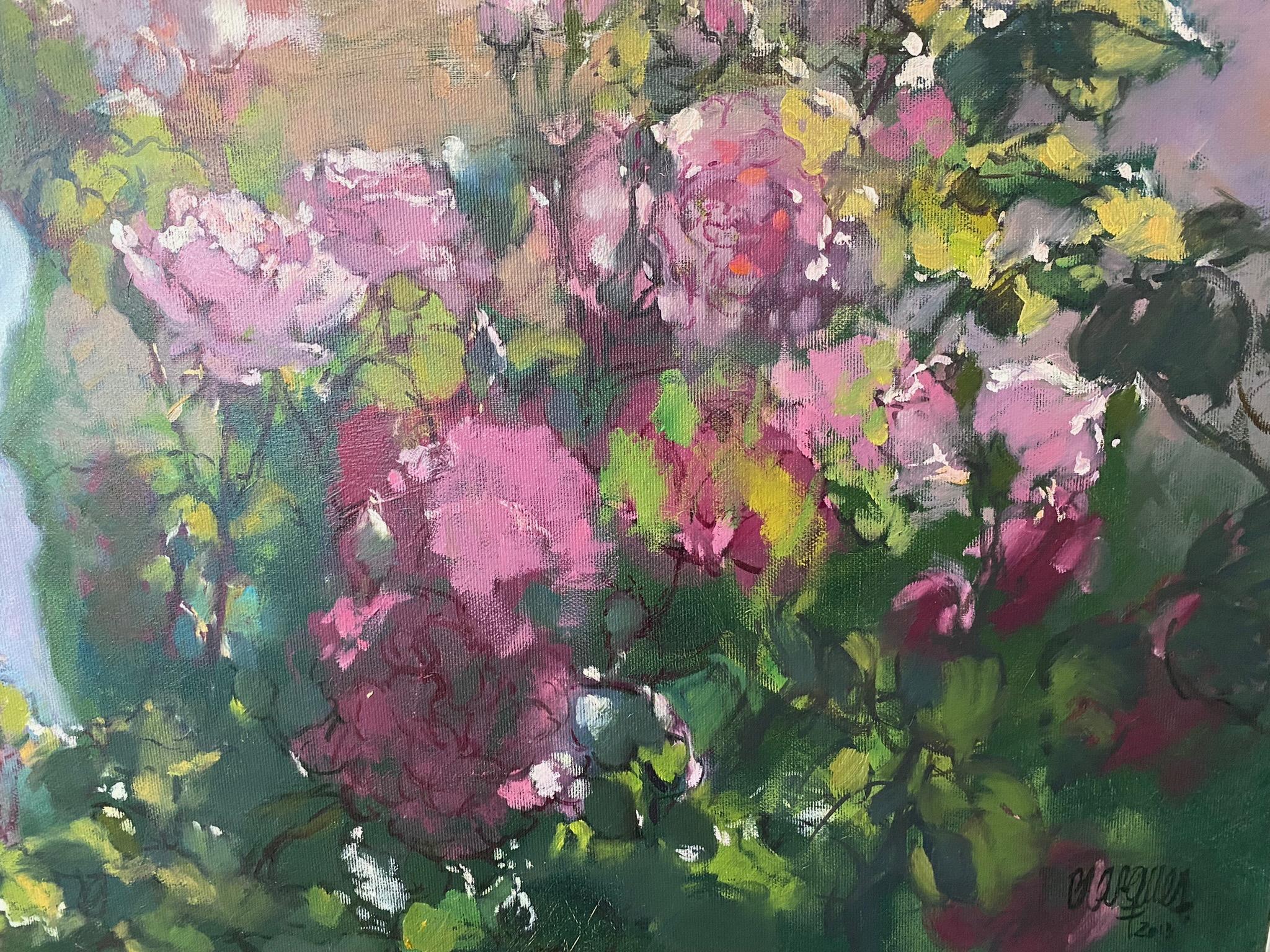 Donna in giardino. Romantico paesaggio blu ad olio con una bella figura femminile. in vendita 2