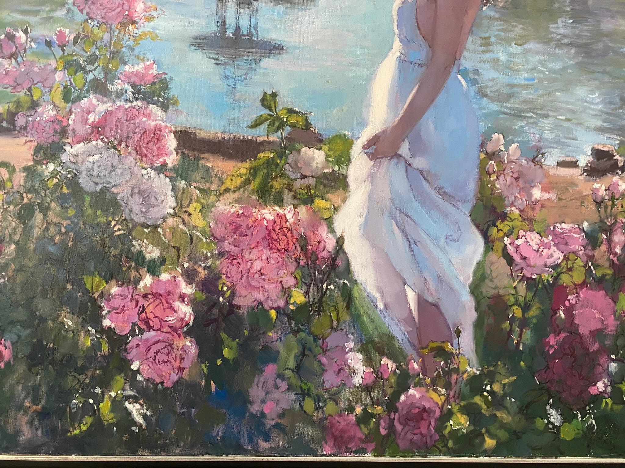 Femme au jardin. Paysage romantique à l'huile bleu avec une belle figure féminine.  en vente 3