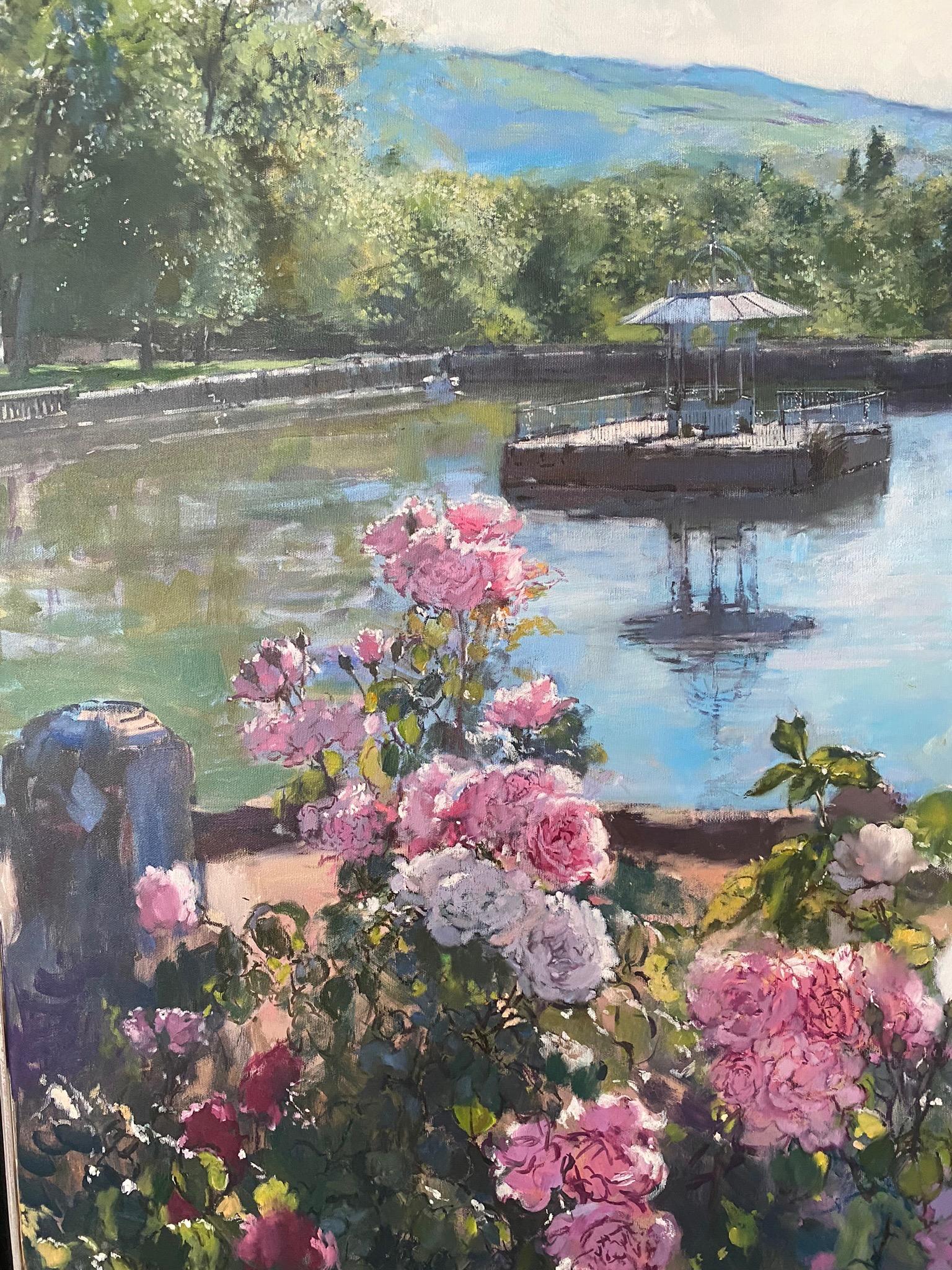 Femme au jardin. Paysage romantique à l'huile bleu avec une belle figure féminine.  en vente 4