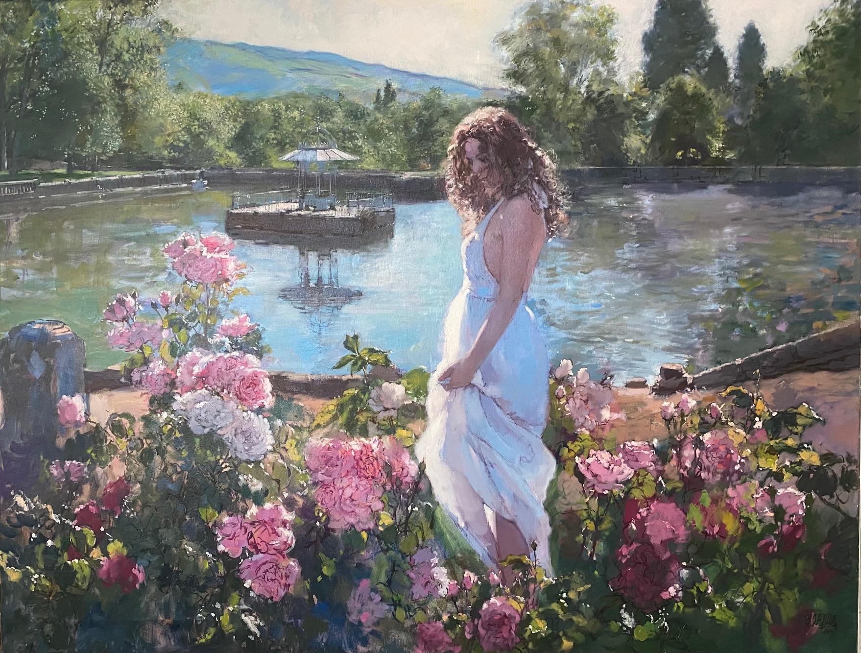 Femme au jardin. Paysage romantique à l'huile bleu avec une belle figure féminine. 