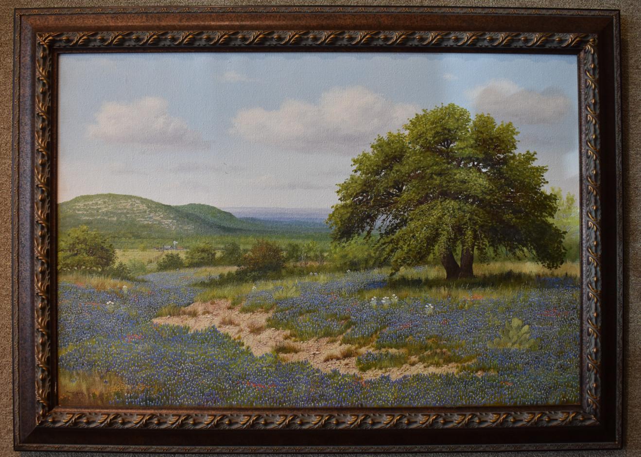 Manuel Garza Landscape Painting – "BLUBONNET" TEXAS HILL COUNTRY WILDBLUMENLANDSCHAFT 30 X 42 GERAHMT