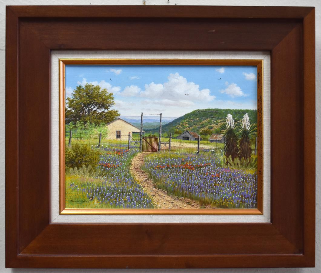 Manuel Garza Landscape Painting - "BLUEBONNET FENCE" TEXAS HILL COUNTRY FRAMED 15.25 X 18.25