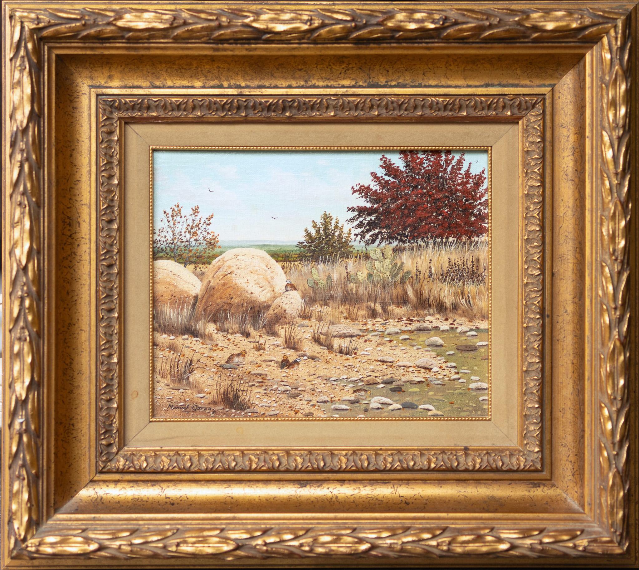 Fall Landscape with Quail - Painting by Manuel Garza