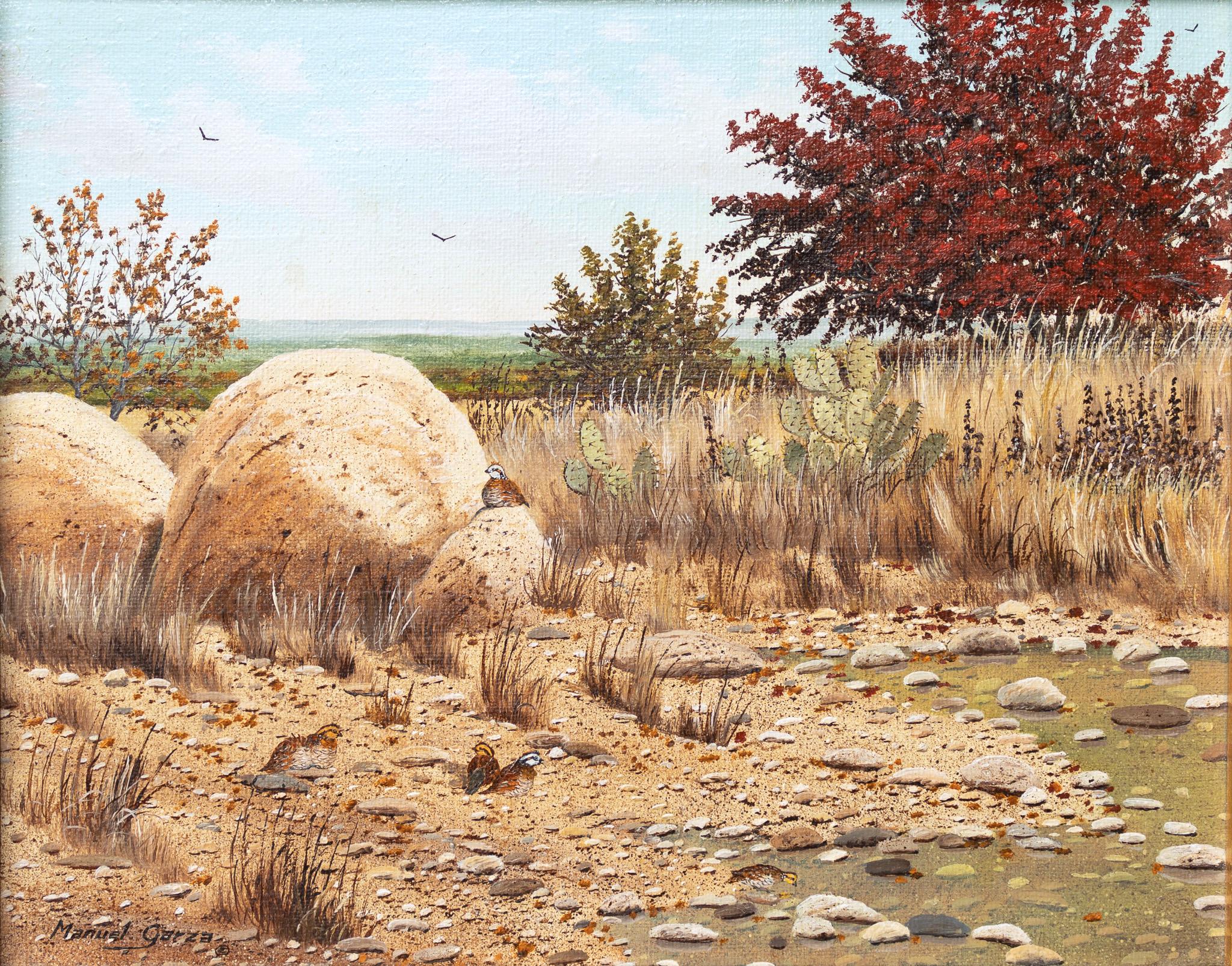Manuel Garza Animal Painting - Fall Landscape with Quail