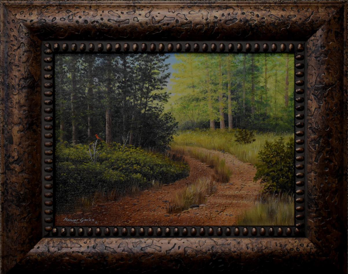 Manuel Garza Landscape Painting – "REDBIRD ROAD" OST-TEXAS LANDSCHAFT MIT KARDINAL