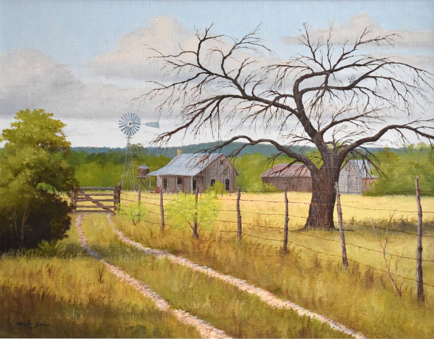Manuel Garza Landscape Painting - "ROAD HOME" TEXAS HILL COUNTRY  SHACK BARN WINDMILL LANDSCAPE