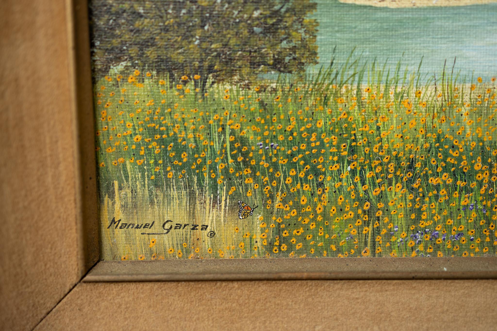 Cette peinture joyeuse de l'artiste texan Manuel Garza représente une vue d'une rivière sinueuse au printemps avec des fleurs sauvages jaunes. Un cardinal rouge vif est perché au sommet d'une branche, admirant le paysage texan. 
9 x 12 pouces
Huile