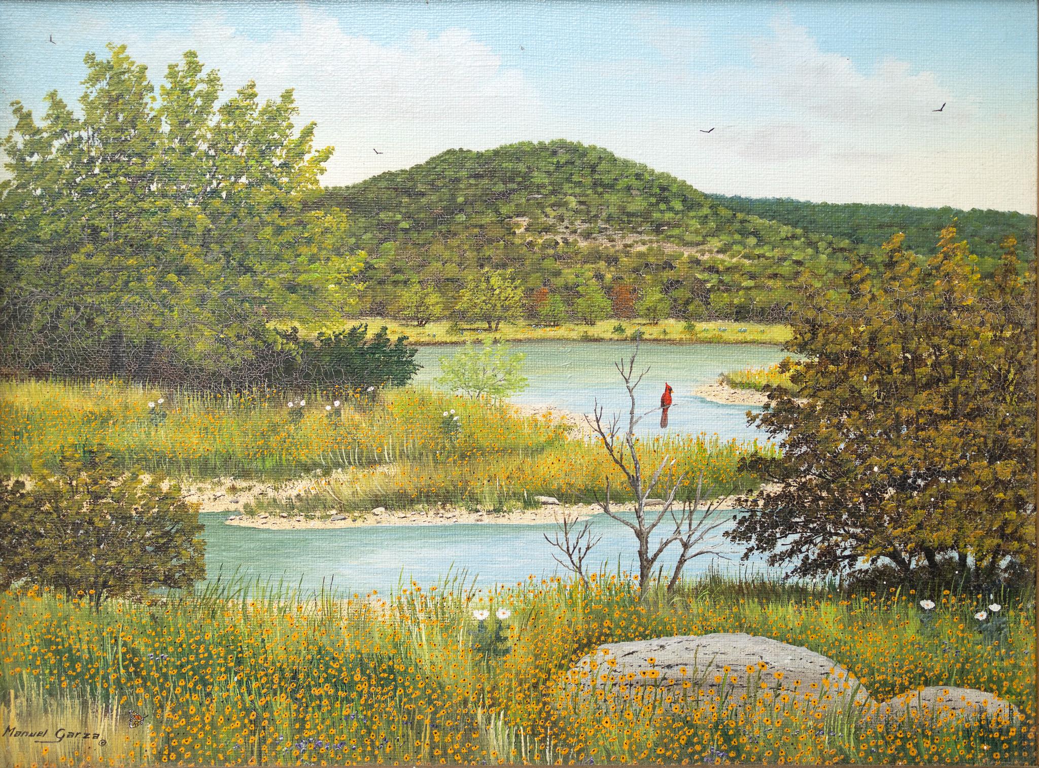 Landscape Painting Manuel Garza - Paysage de printemps avec fleurs sauvages