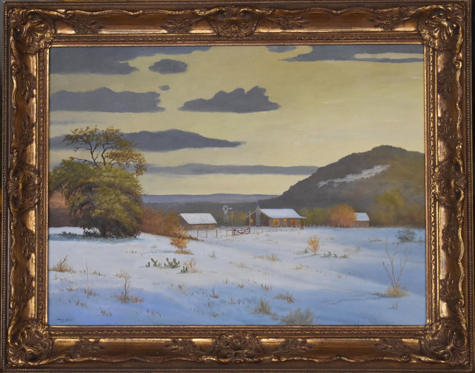 Manuel Garza Landscape Painting - "SUNSET HILL COUNTRY IN WHITE" TEXAS HILL COUNTRY" SNOW SCENE