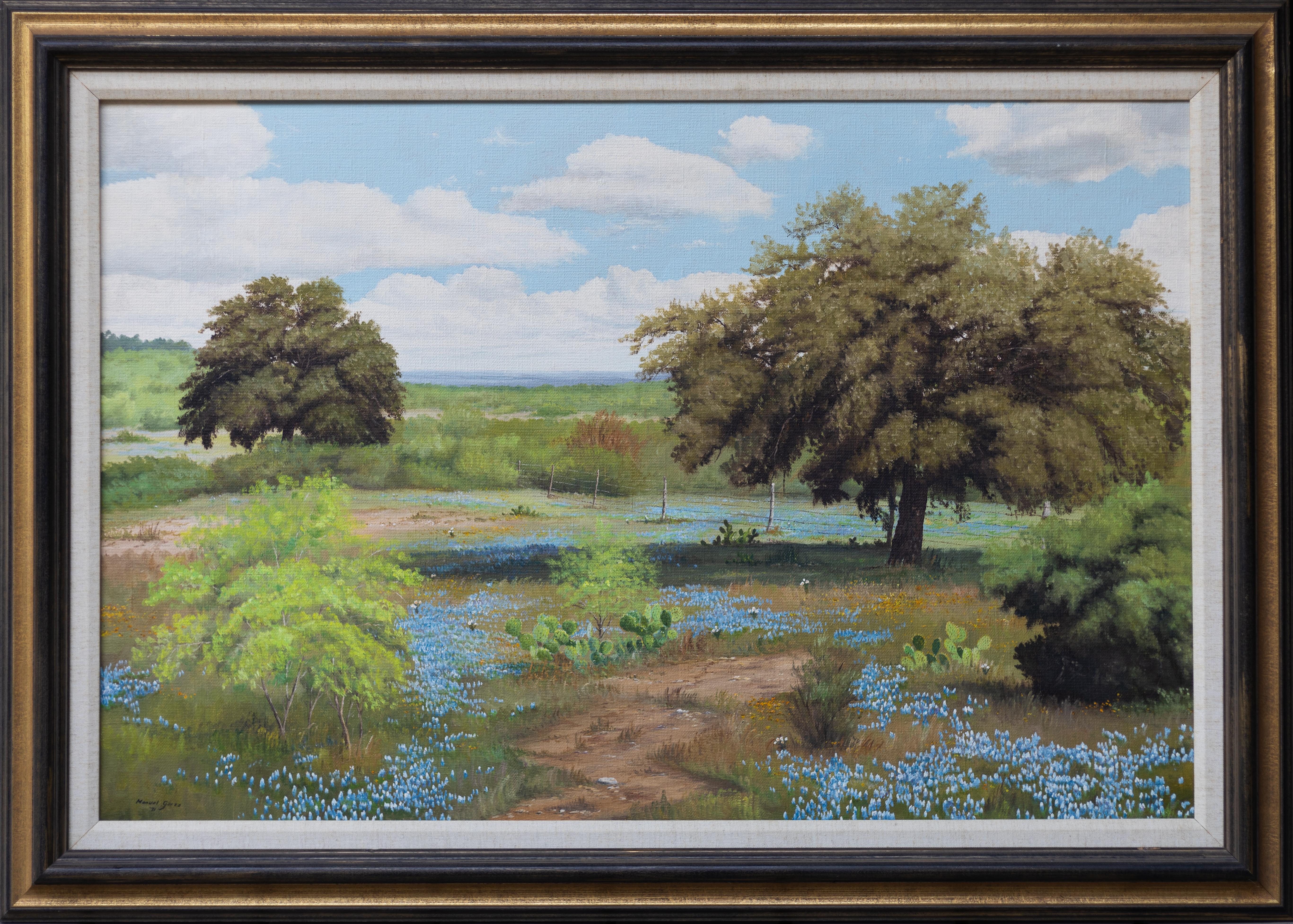 Paysage champêtre texan avec bonbons bleus - Painting de Manuel Garza