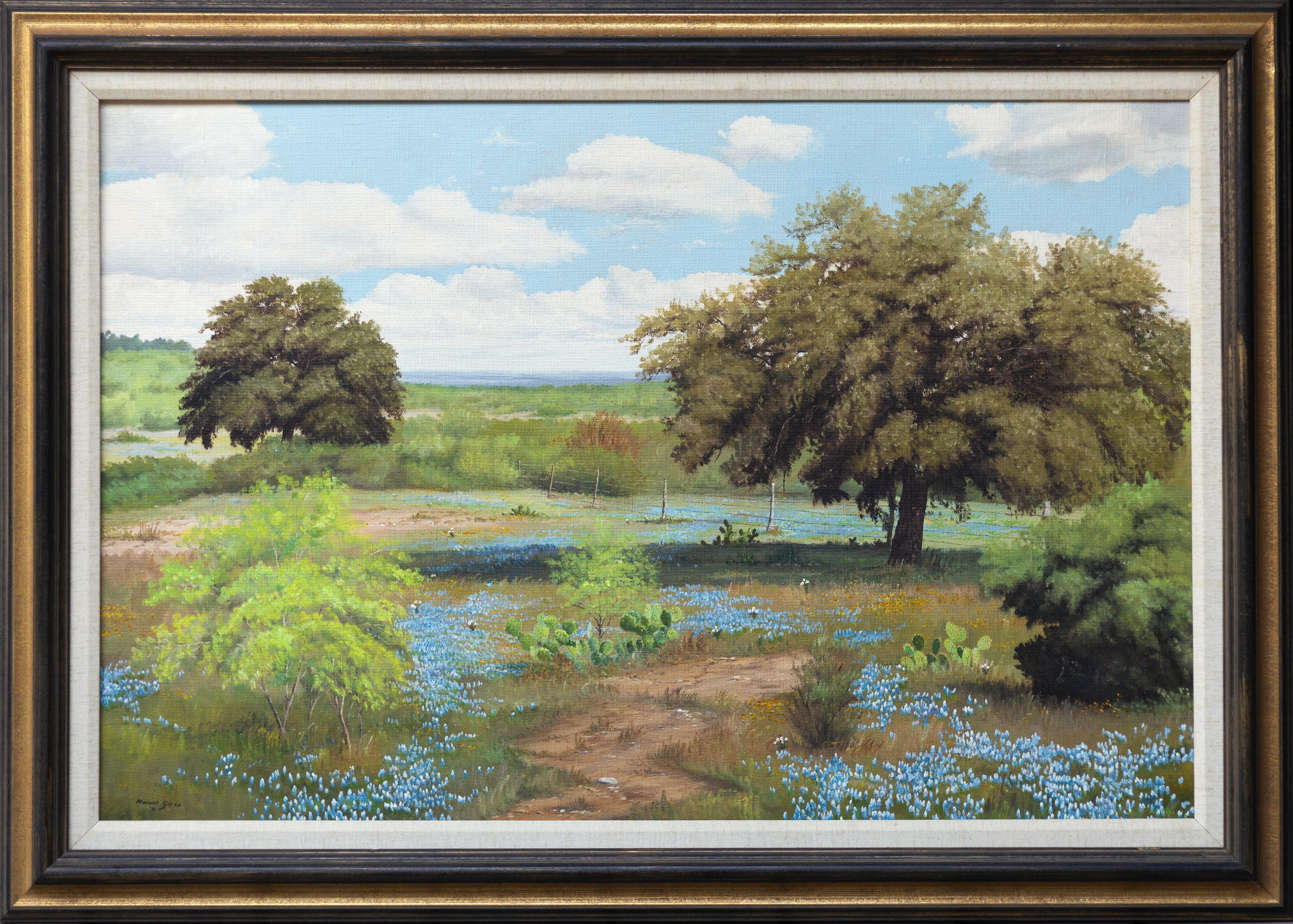 Texas Pastoral Landscape with Bluebonnets - Painting by Manuel Garza
