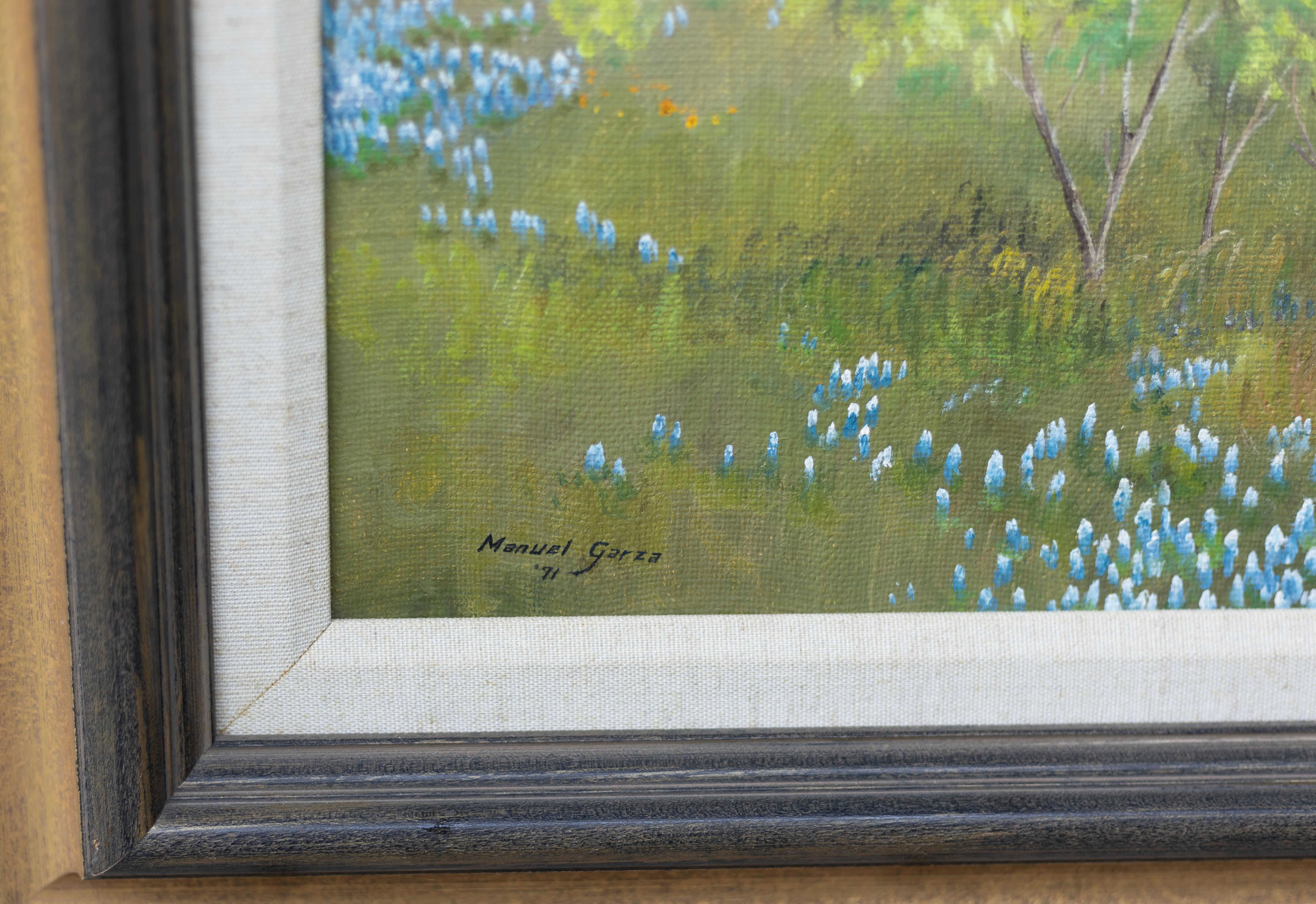 Paisaje Pastoral de Texas con Bluebonnets - Painting impresionista estadounidense de Manuel Garza