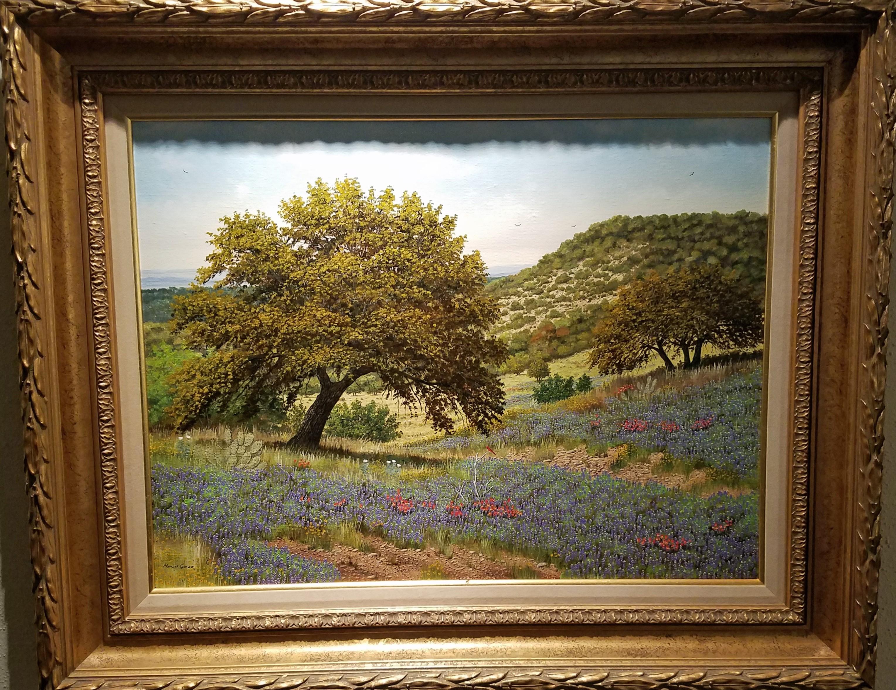 Untitled, Hill Country Landscape with Bluebonnets - Painting by Manuel Garza