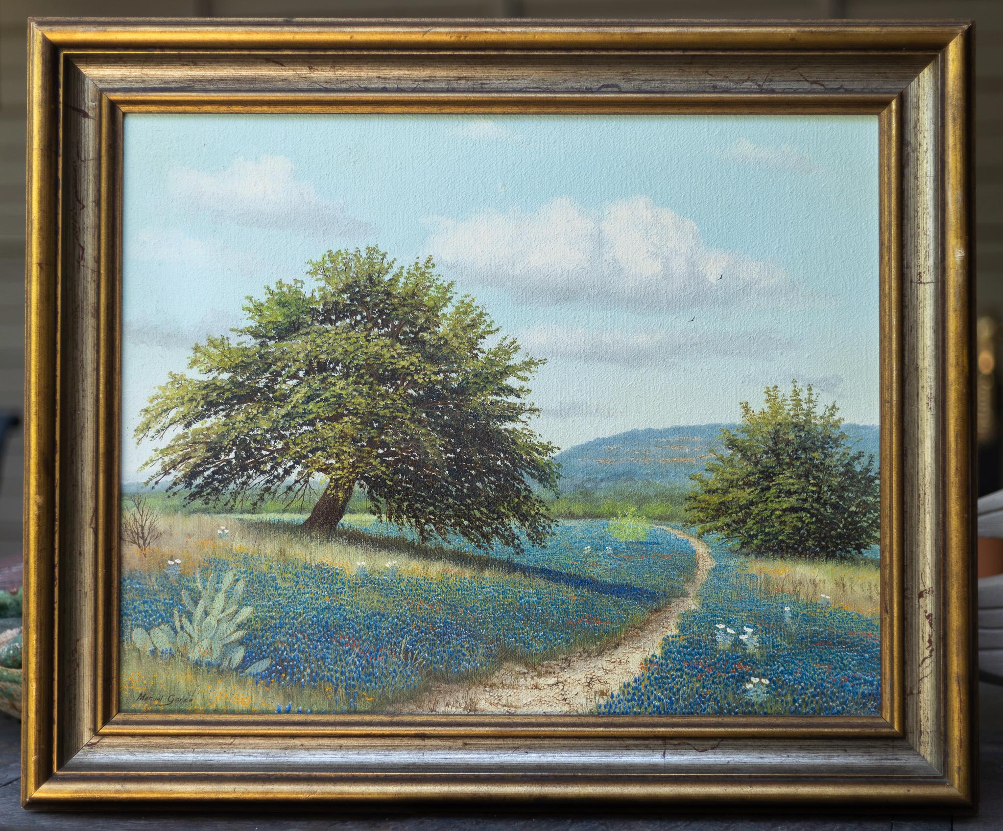 Untitled Landscape Hillcountry Bluebonnets - Painting by Manuel Garza