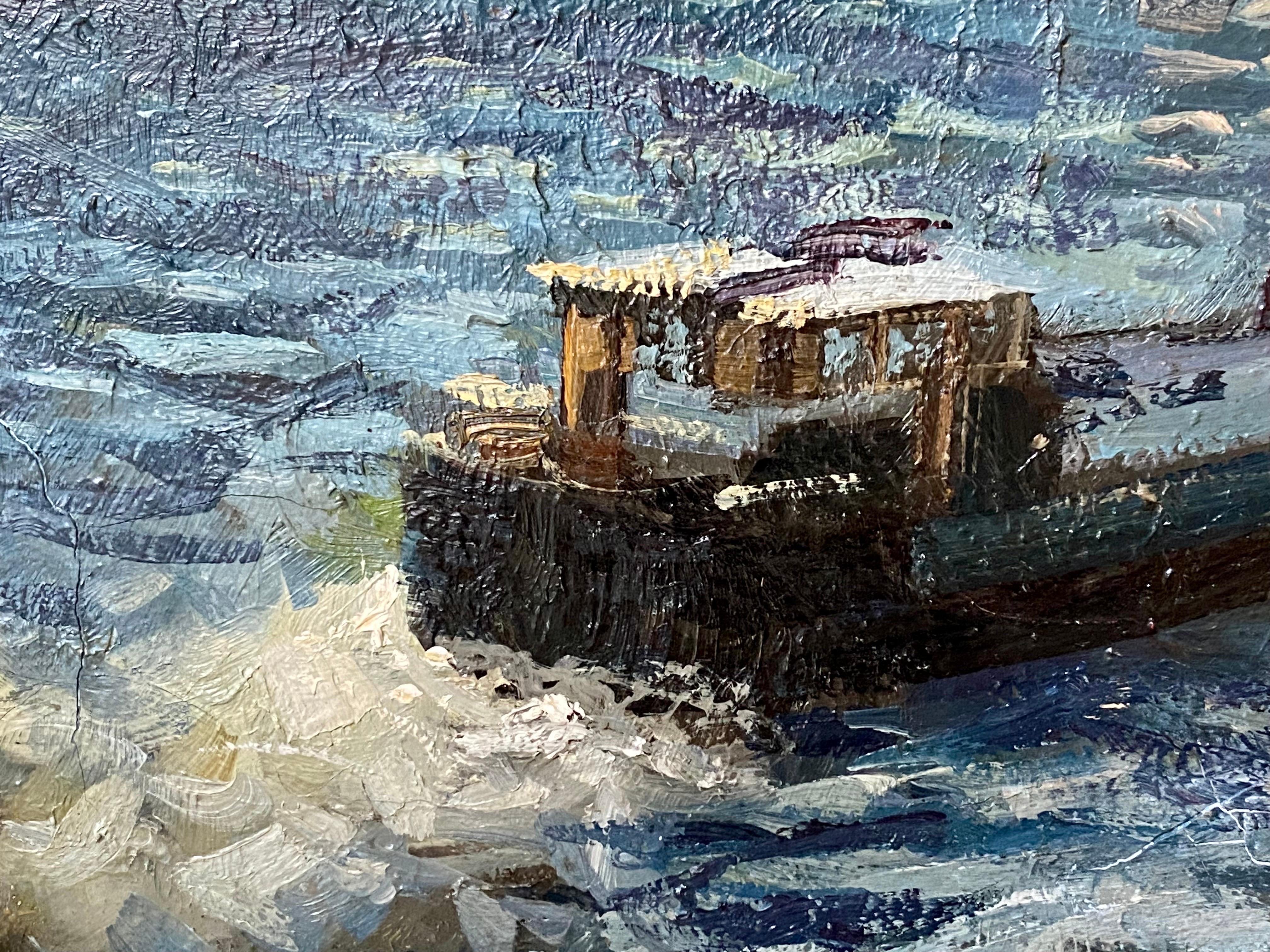 Grande paesaggio urbano francese post impressionista di Parigi - fiume Senna - Painting di Manuel Gil